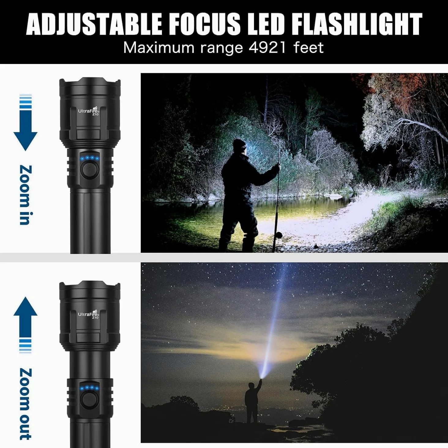 ULTRAFIRE Torcia LED ricaricabile da 1500 lumen con lente Lgnition, torcia tattica zoomabile con fondina per cintura, 3 modalità per campeggio all'aperto escursionismo Z10