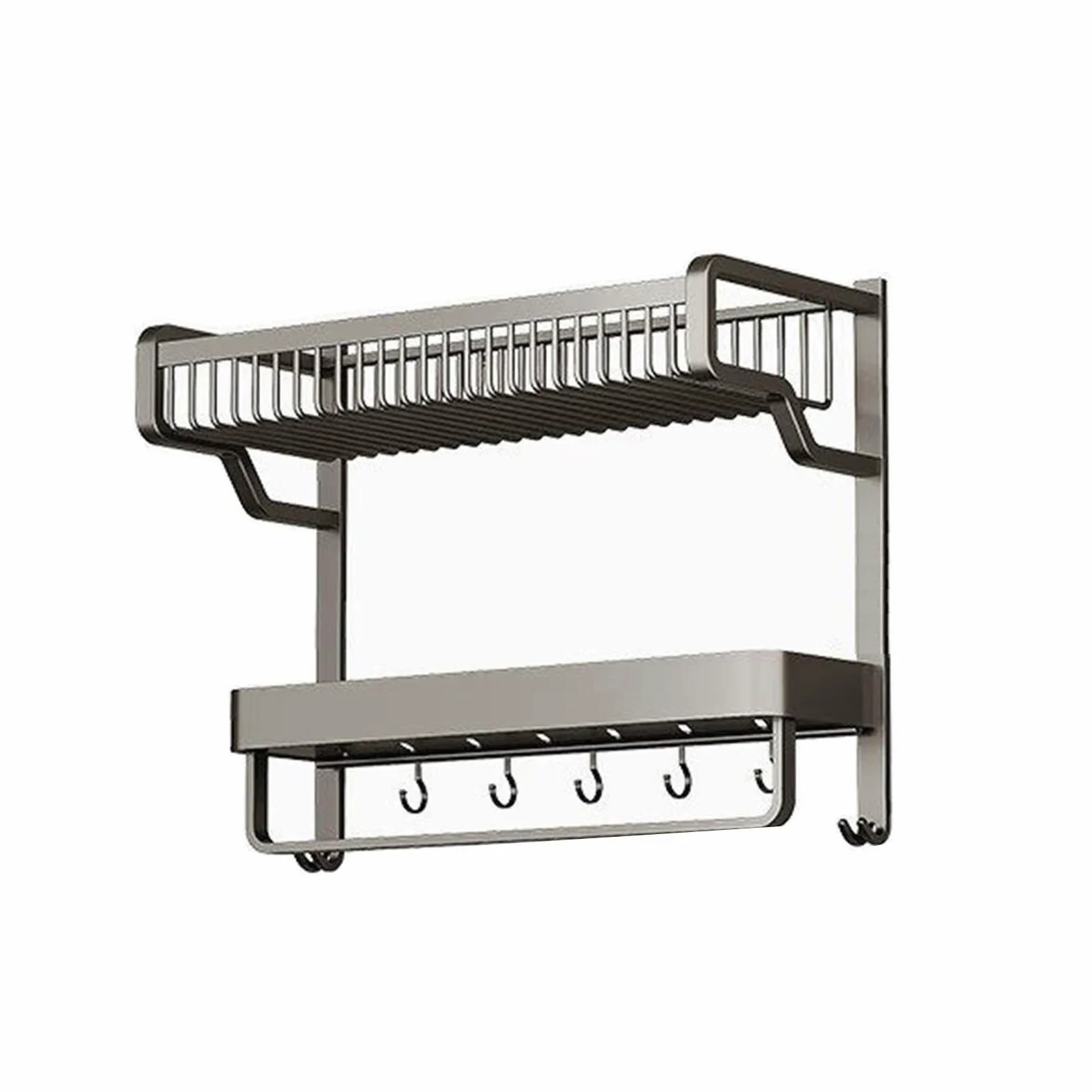 Portasciugamani a 2 ripiani, mensola portasciugamani da parete con ganci mobili, realizzato in alluminio spaziale, per soggiorno, balcone, bagno (L-57 cm)