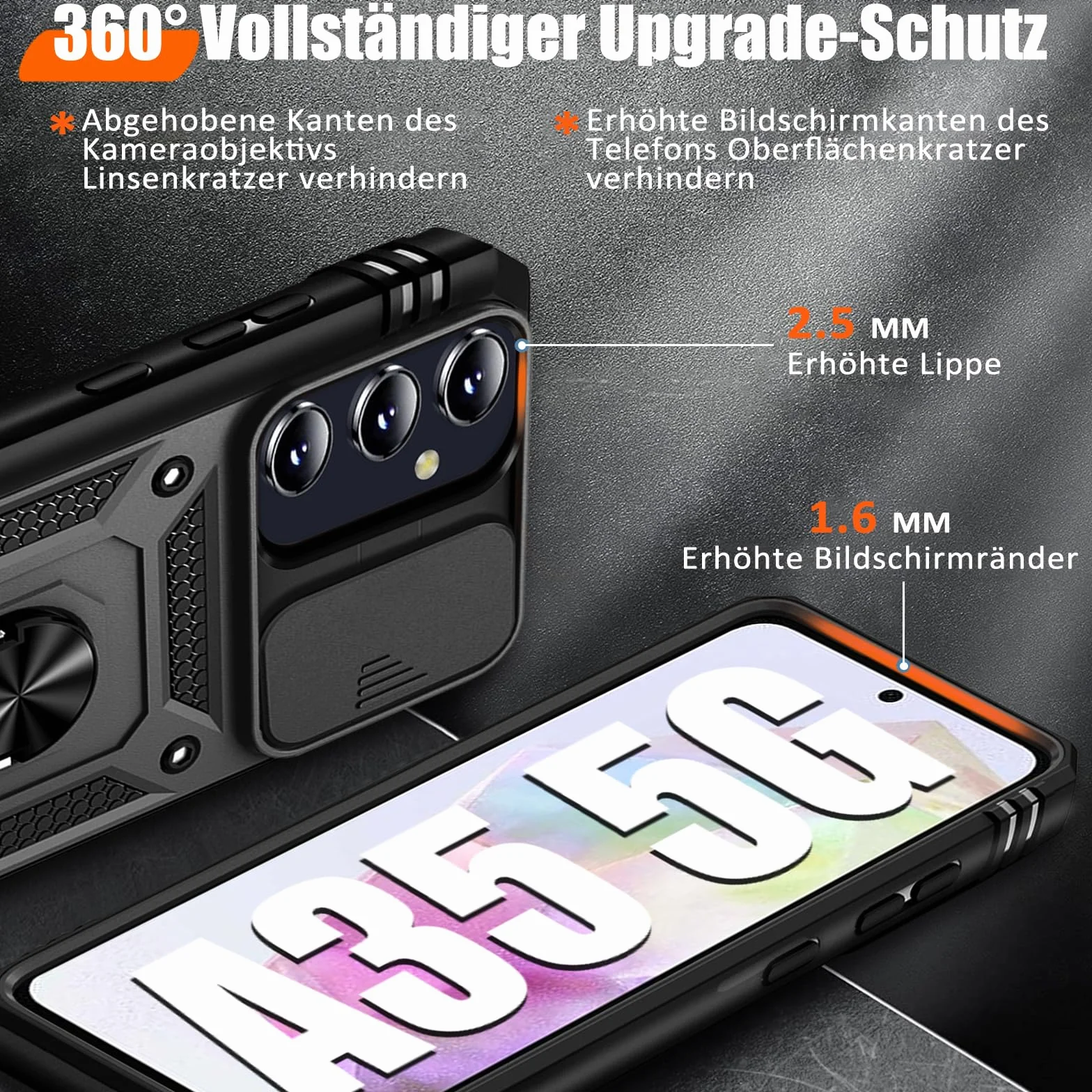 Giyer Cover per Samsung Galaxy A35 5G Custodia con Vetro Temperato, Antiurto Grado Militare 360° Anello Supporto Armor Bumper Case, Antiurto per Samsung A35 5G Cover (Nero)