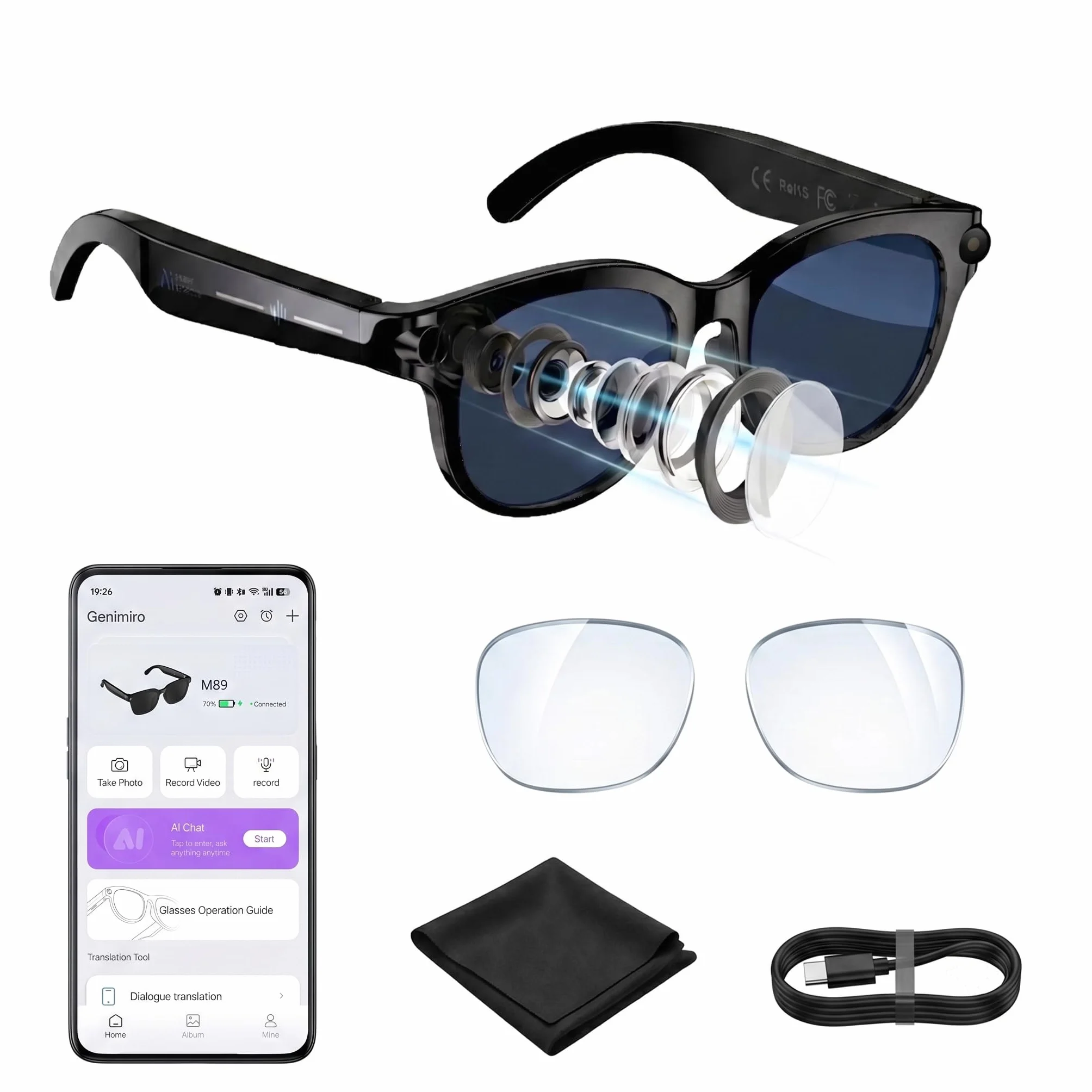 Occhiali intelligenti con IA, con telecamera HD, assistente di chat AI ChatGPT integrato, traduzione in tempo reale/audio a orecchio aperto/registrazione video/chiamate Bluetooth/riproduzione musicale