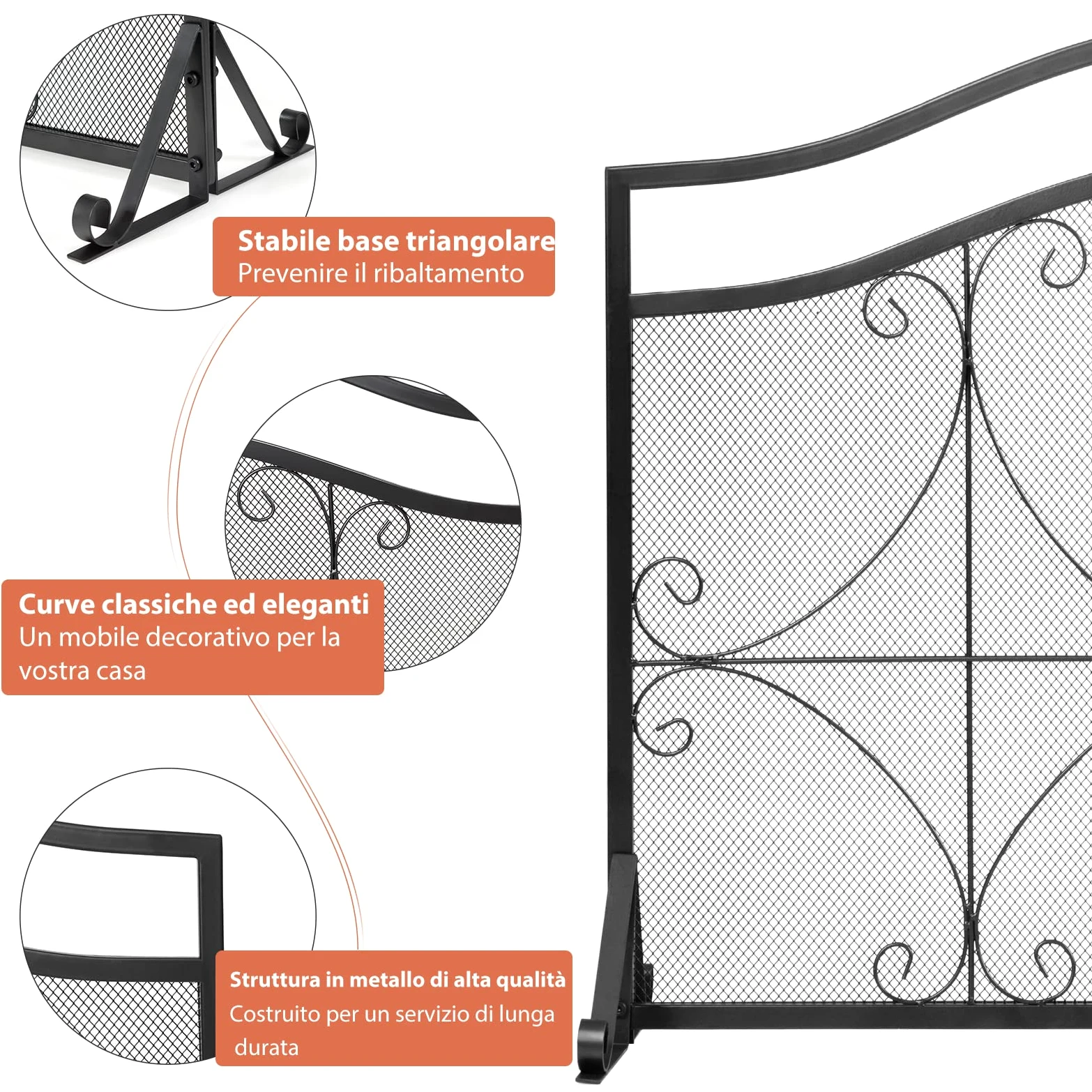 GYMAX Parascintille Camino, Telaio in Metallo, con Gambe di Sostegno, Struttura Stabile, Paravento Moderno per Soggiorno, Camera da Letto, 112,5 x 33,5 x 83,5 cm, Nero