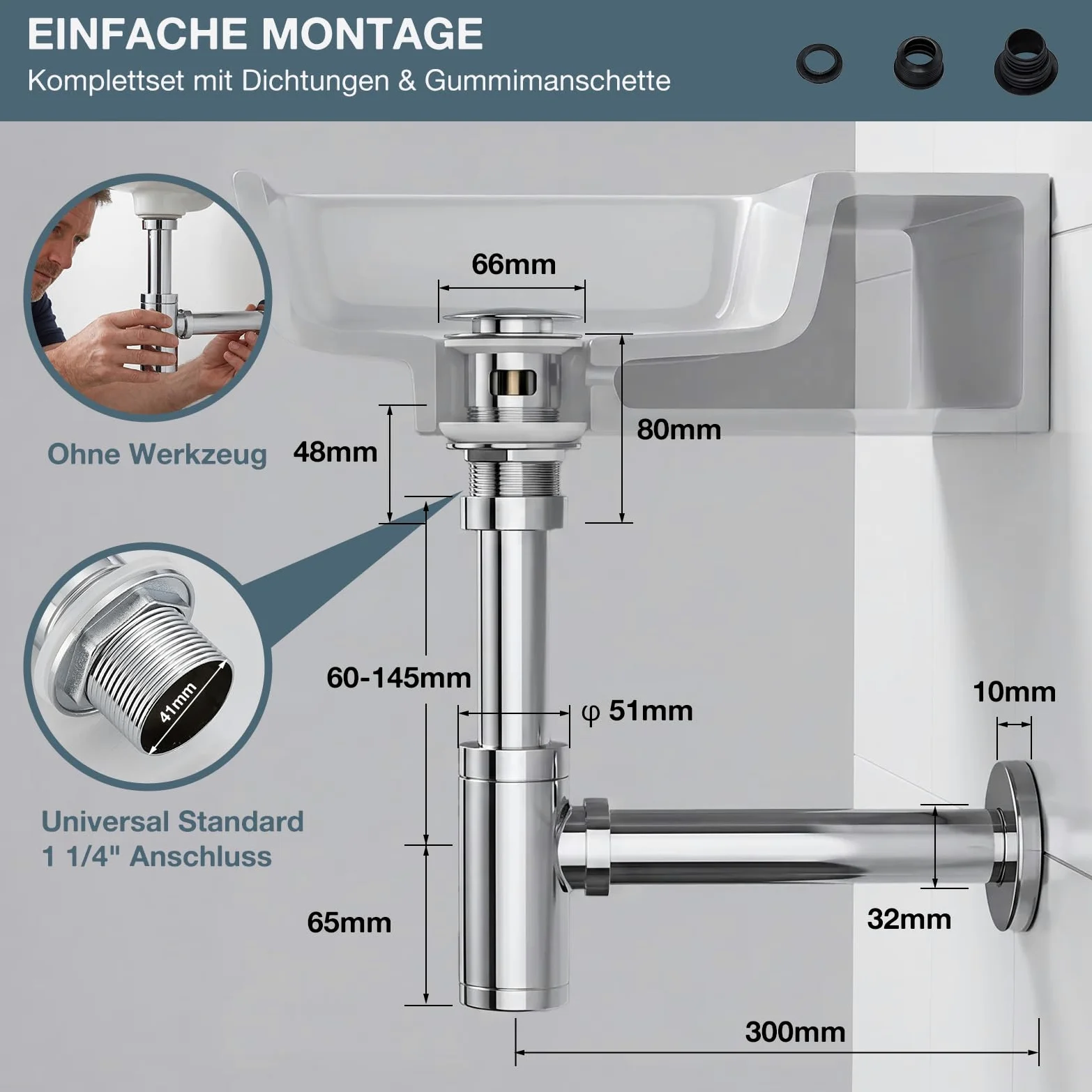 Sifone pop up valvola di scarico con troppopieno, design universale, sifone a tubo con apertura di pulizia, tubo di immersione regolabile, cromato
