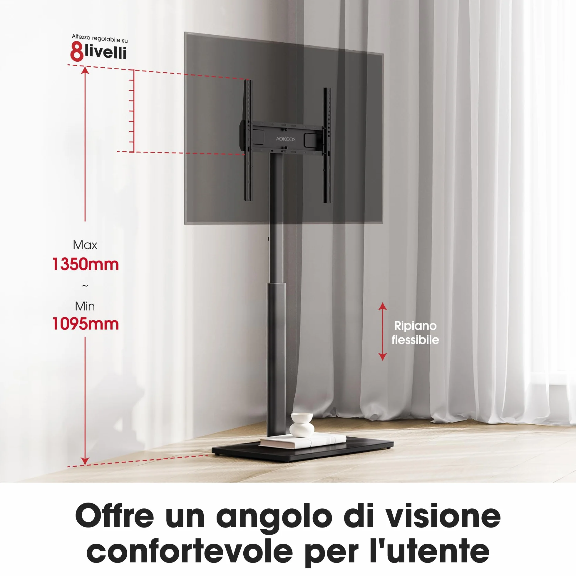 AOKCOS Supporto TV da Pavimento inclinabile per 32-55 65 70 Pollici, Girevole & Altezza Regolazione Mobile Porta TV da Terra, Max VESA 400x400mm 40kg