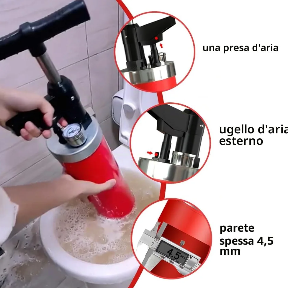 Pompa Stura Scarichi a Pressione con 4 Ventose, Pompa Stura Scarichi a Pressione Stantuffo con Manometro, Aturalavandino ad Aria Compressa, per Vasca da Bagno Cucina Bagno, Rosso