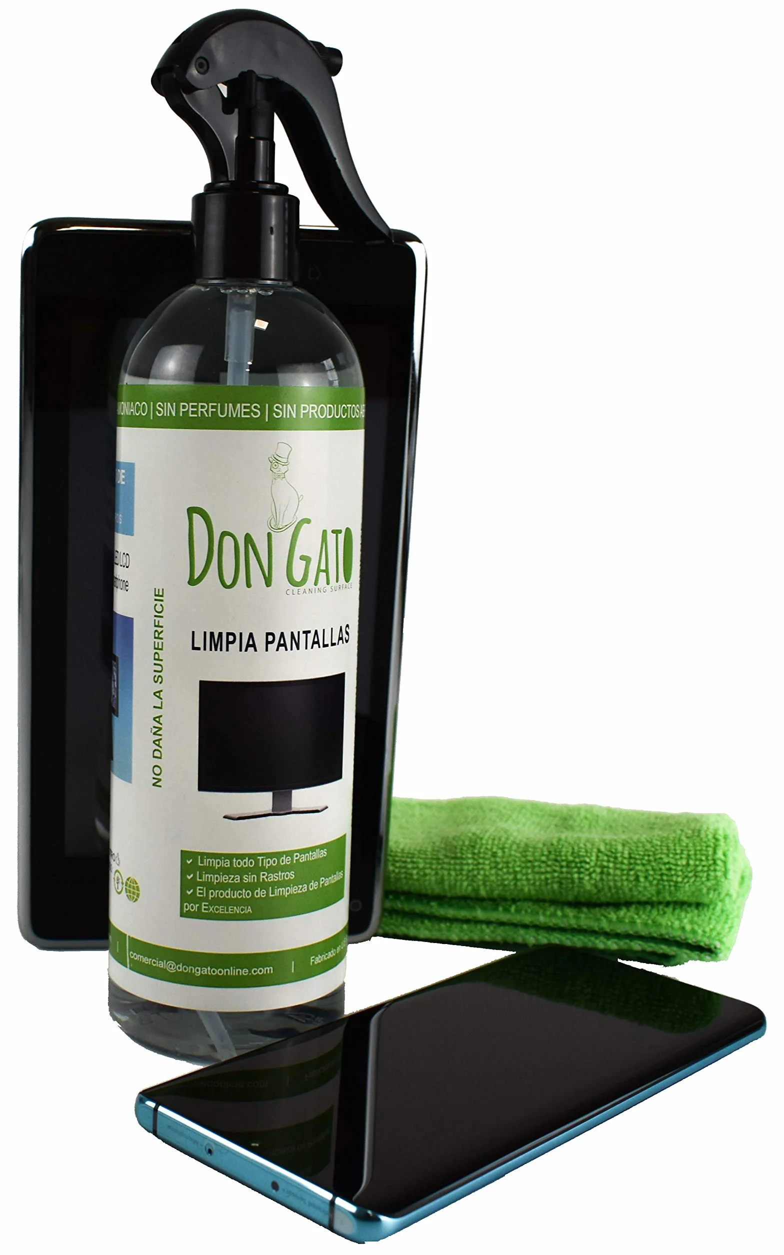 Don Gato – Kit per la pulizia dello schermo + 2 panni in microfibra (500 ml) per TV, Tablet, PC/portatile, LCD, LED, cellulare, fabbricato con prodotti naturali, senza alcool.