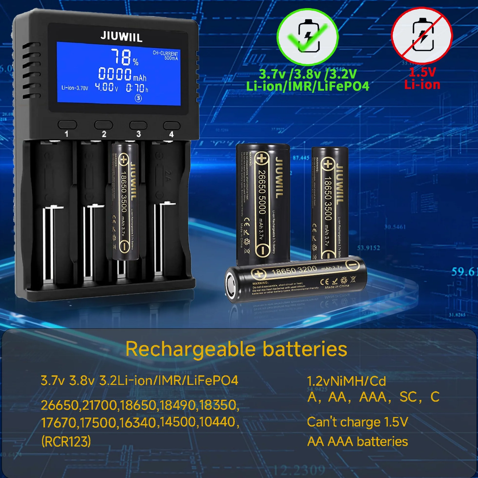Caricabatterie 18650, Caricabatterie Universale a 4 slot con Display LCD per Batterie Ricaricabili Li-Ion 26650 17500 16340 (RCR123) 14500 10440 16340