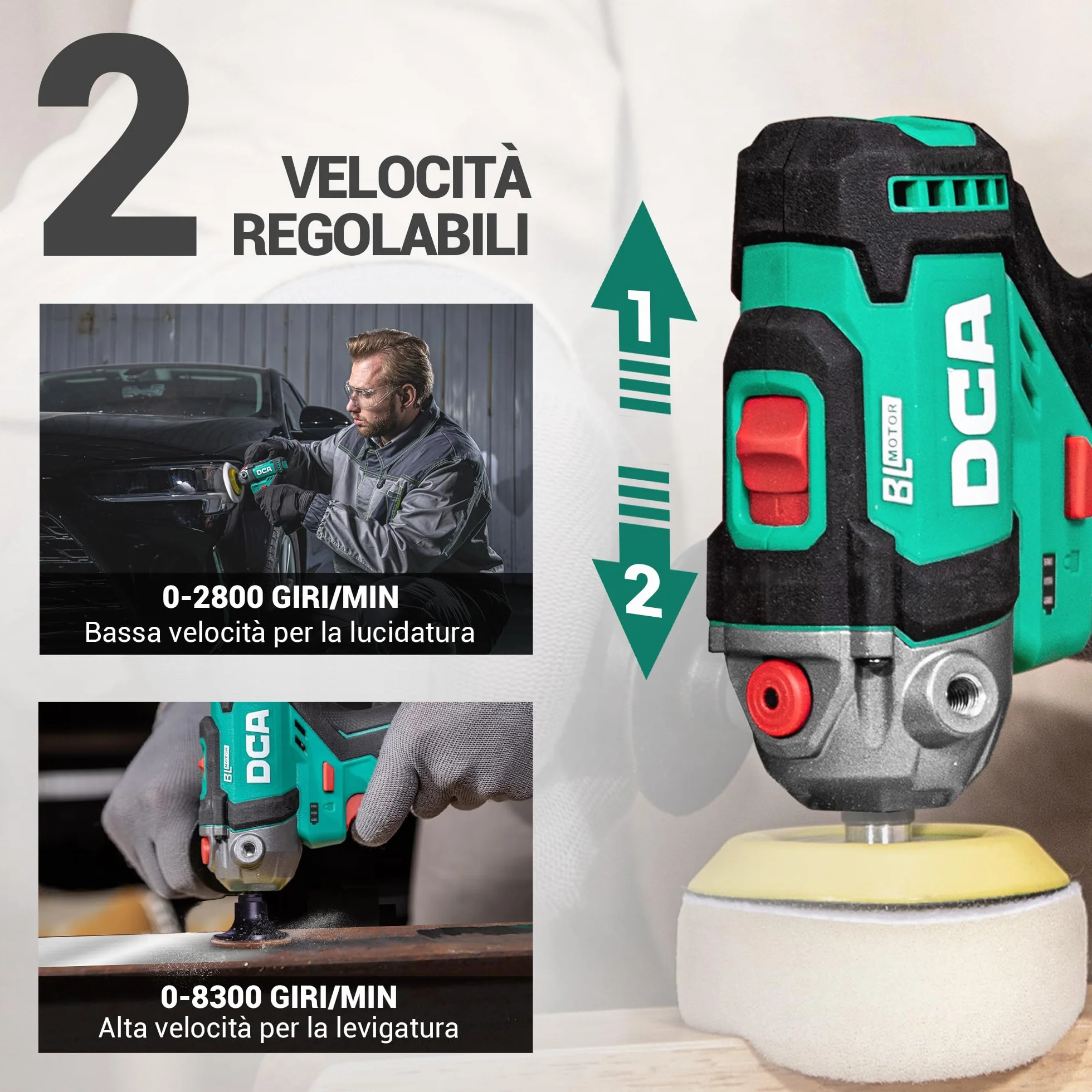 DCA Lucidatrice Auto a Batteria 12V 75mm Mini Lucidatrice Rotativa Senza Spazzole 50mm Levigatrice 2 Batterie 2,0Ah 2 Velocità 2800-8300 RPM