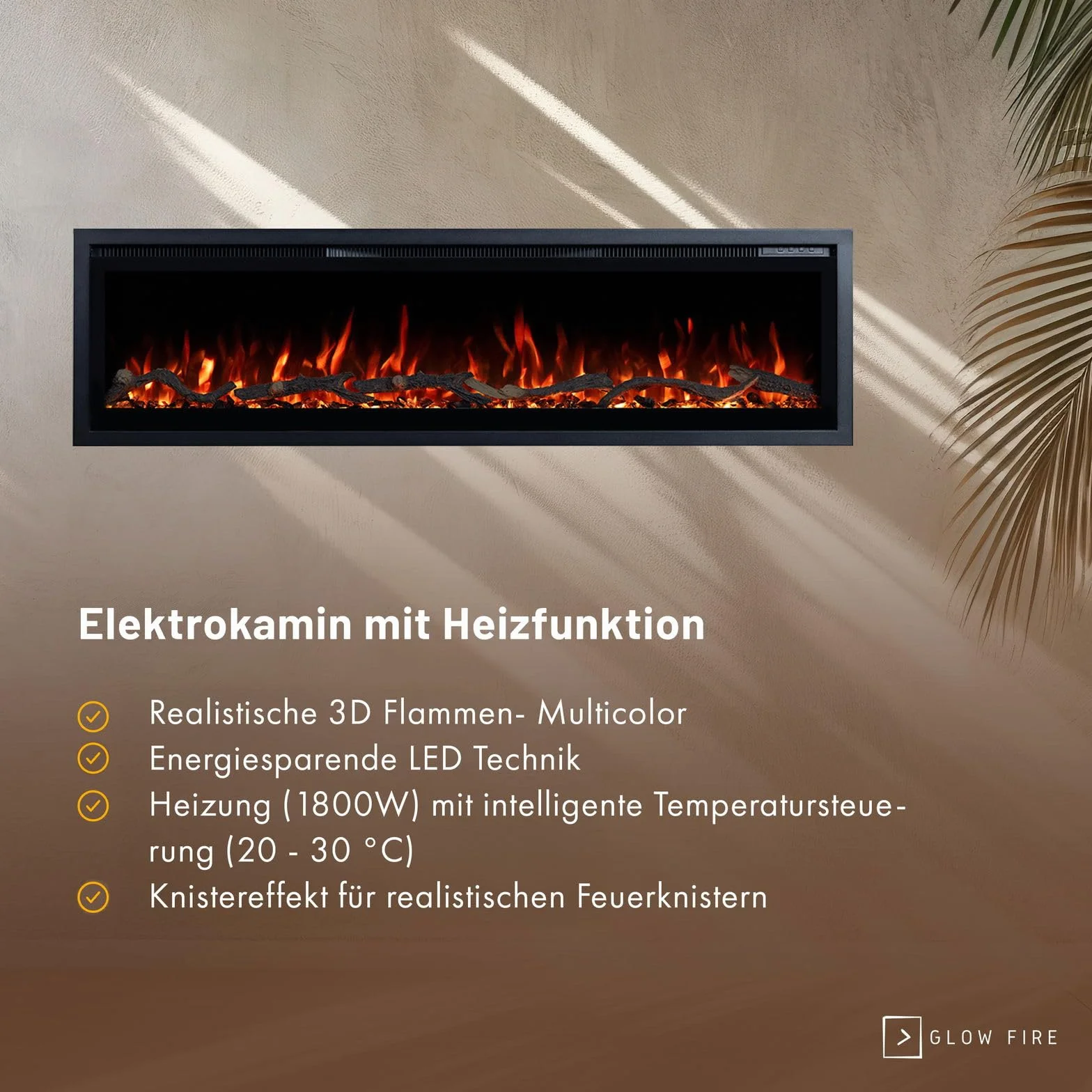 GLOW FIRE Camino elettrico Core 127 LED 3D, 1800 W, 127x35x12 cm, parete, controllo app