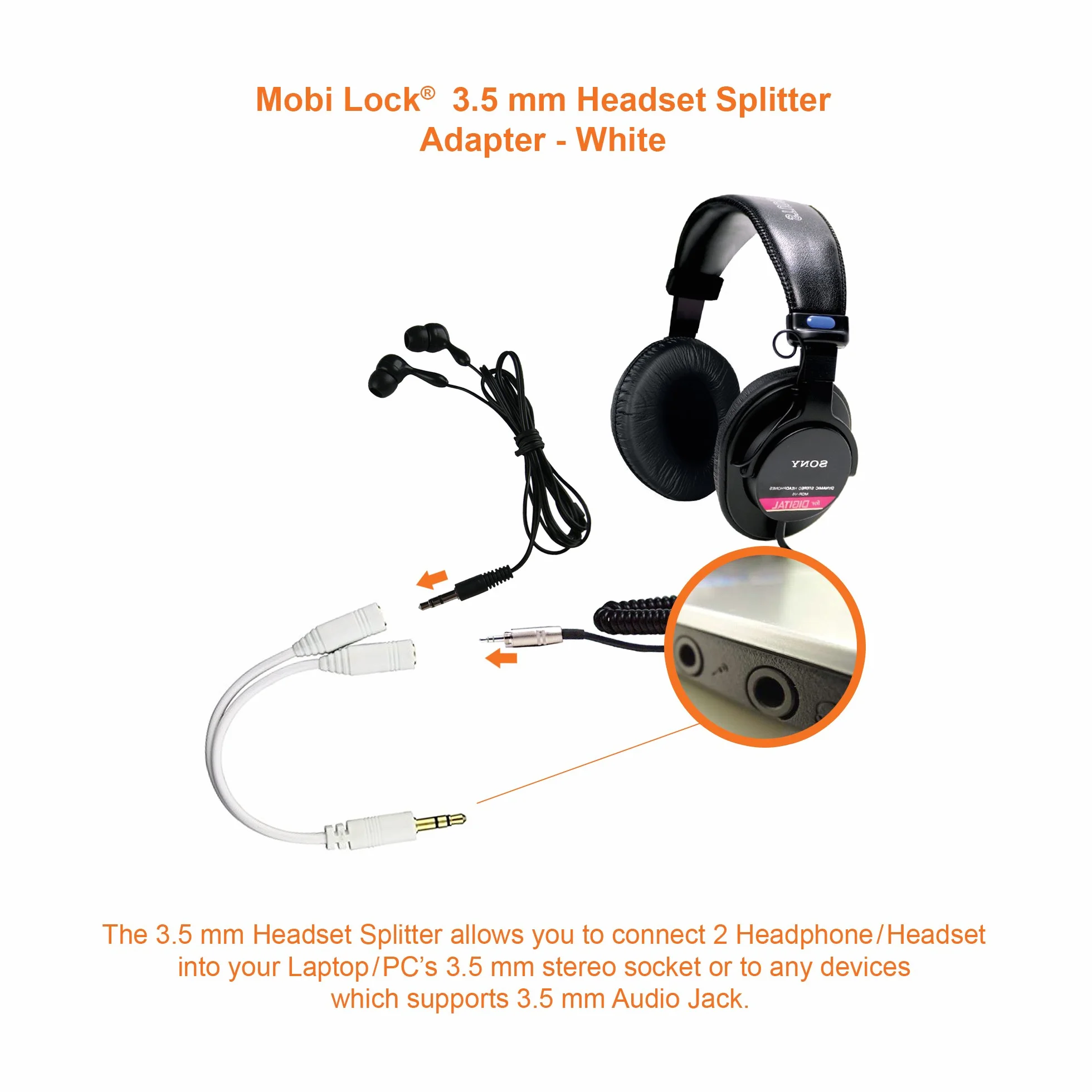 Mobi Lock Splitter a Y per cuffie da 3,5 mm | da 1 maschio a 2 femmine | ideale per tutti i lettori multimediali e altri dispositivi audio con porta da 3,5 mm (bianco)
