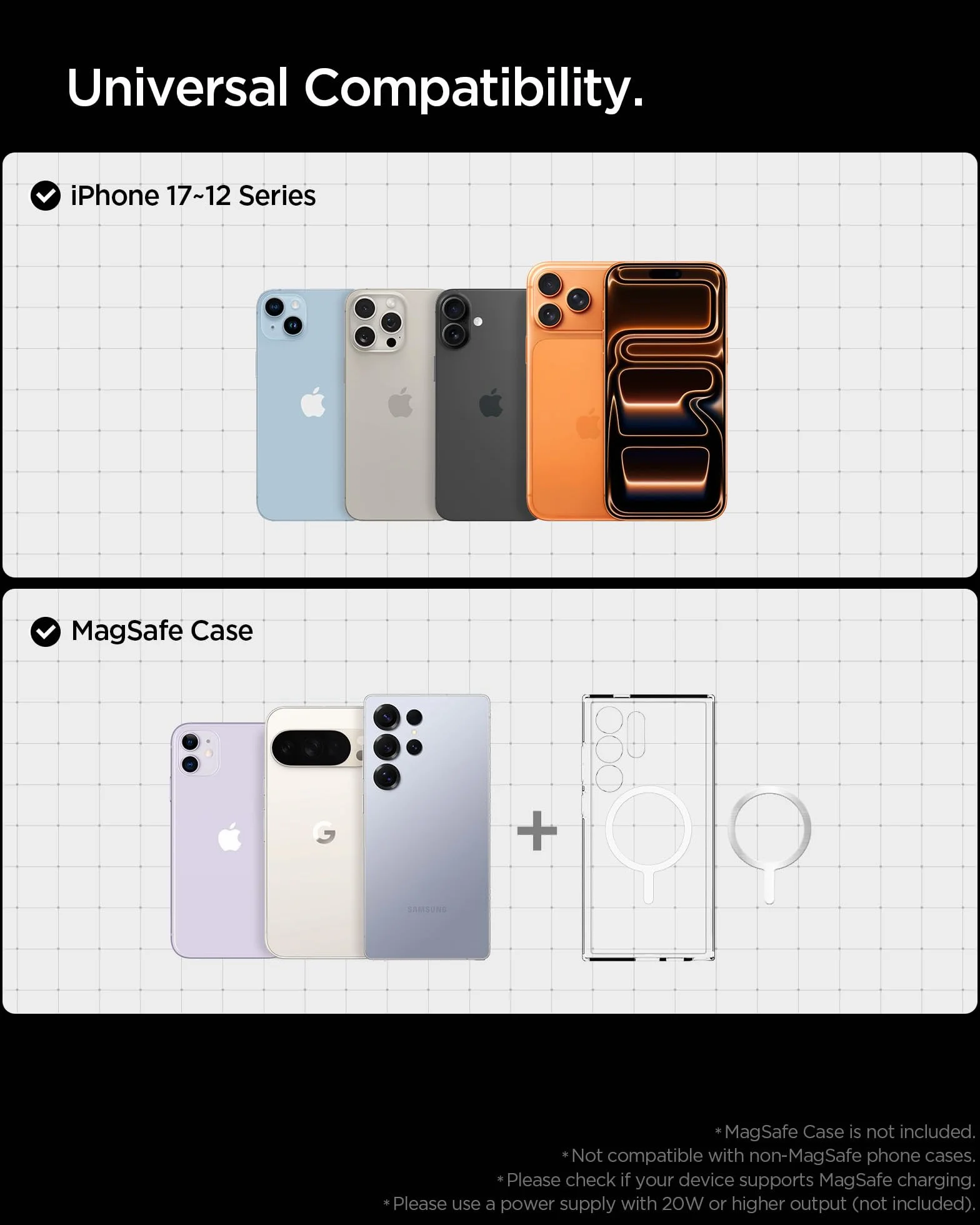 Spigen Essential 15W Caricatore Wireless MagSafe Stazione di Ricarica Magnetica Rapida [Cavo USB-C 60W Incl.] per iPhone 17 16 15 Pro Max 17e & Custodie MagSafe per Samsung Galaxy S26 Pixel 10 10a