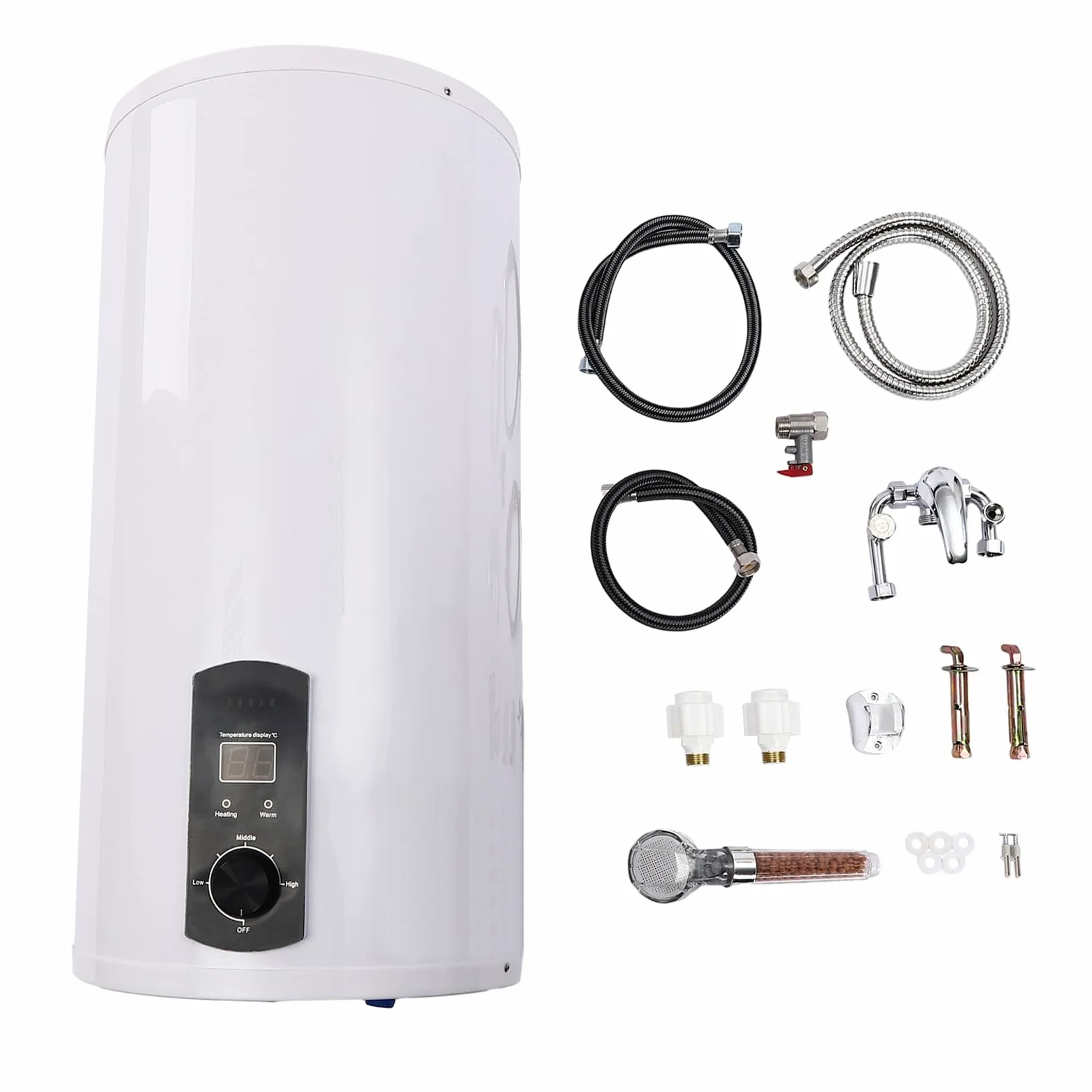 Scaldacqua istantaneo con serbatoio da 80 litri, scaldabagno elettrico con rubinetto e doccetta, dispositivo con contenitore interno smaltato, scaldabagno digitale con indicatore LED per bagno