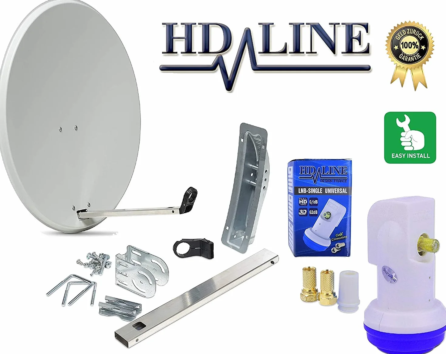 HD-LINE 1 Teilnehmer Set - Qualitäts-Alu-Sat-Anlage - Select 60/65cm Spiegel/Schüssel Anthrazit HD-LINE Single LNB - Satelliten-Komplettanlage - für 1 Receiver/TV [Neuste Technik - DVB-S/S2, Full HD, 4K/UHD, 3D]