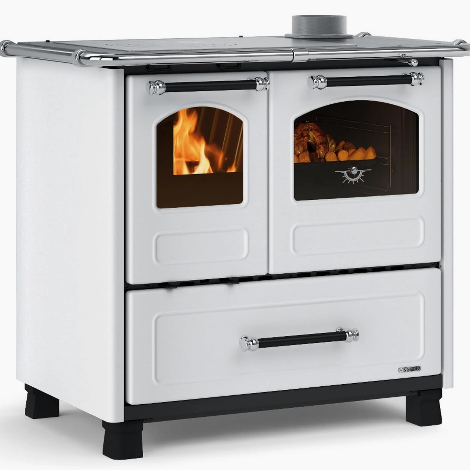Nordica FAMILY 4,5 dritto Rivestimento esterno in acciaio porcellanato. Porta fuoco panoramica con doppio vetro. Forno smaltato da 41 litri con porta a doppi vetri. Telaio in ghisa vetrificata.