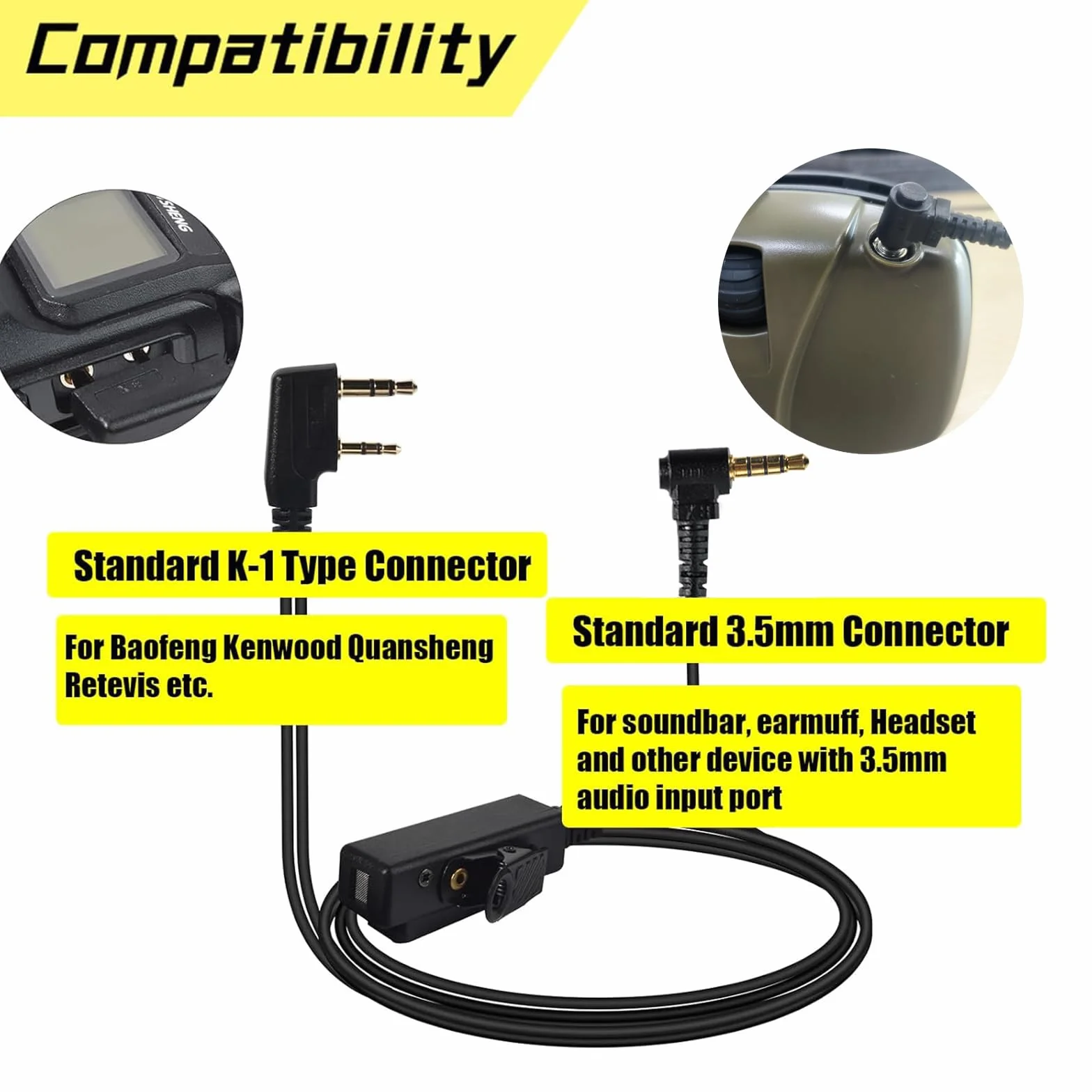 Cavo Audio Universale da 2 Pin a 3.5 mm 90° con PTT, Compatibile con Baofeng UV-5R 777 888S Kenwood TH-22AT TK-3100 Quansheng K5 TK-11 e Cuffie con Microfono a Ingresso 3.5 mm