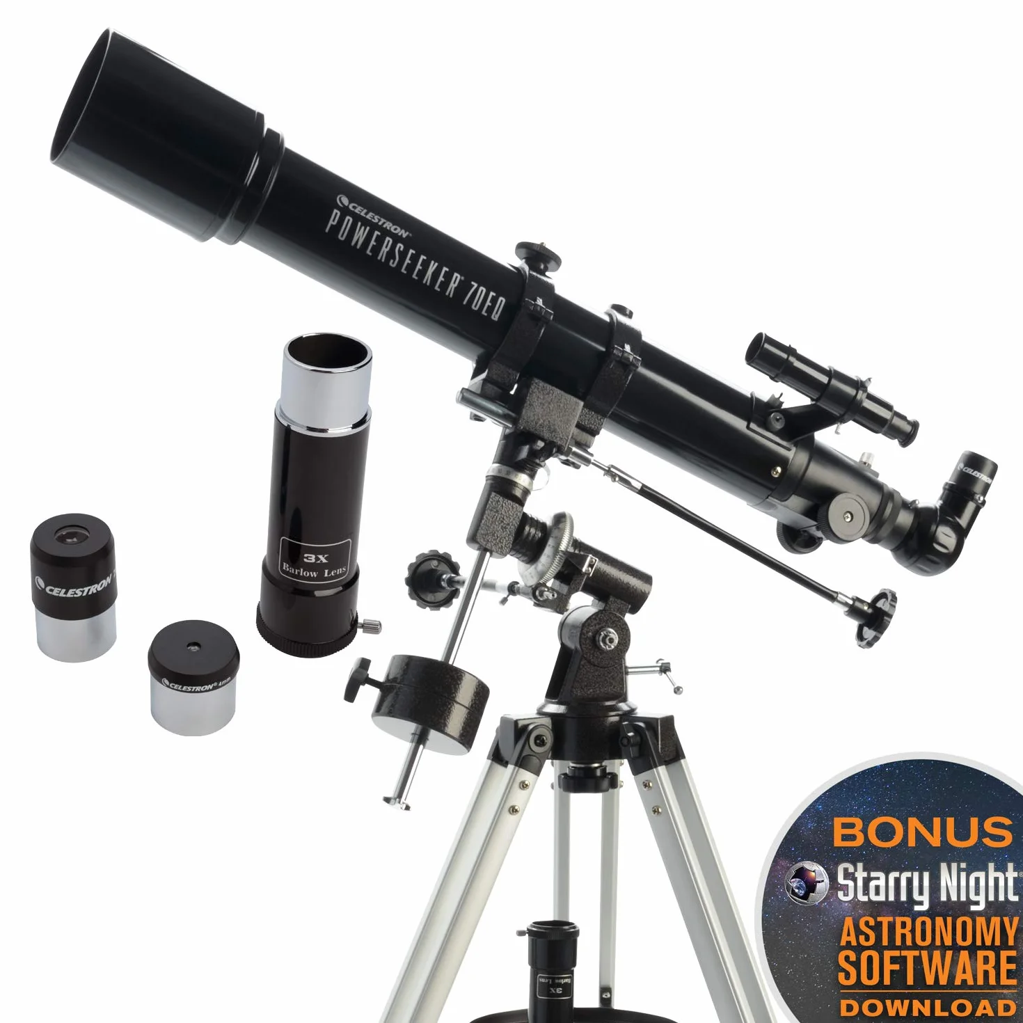 Celestron 21037 PowerSeeker 70EQ Telescopio riflettore - include due oculari, diagonale d'immagine eretta, lente di Barlow 3x, treppiede regolabile in altezza e vassoio accessori Deluxe, nero