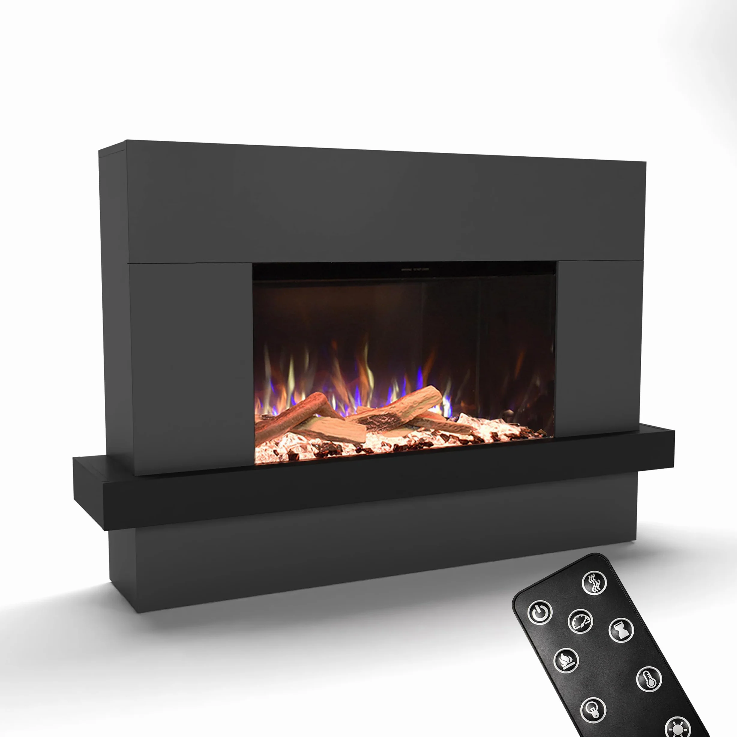 GLOW FIRE Stufa a camino PR9 con fiamme LED 3D E-Motion realistiche - Caminetto elettrico da terra con riscaldamento, fuoco da camino, timer, max 1500 W, 150x100x37 cm, Grigio