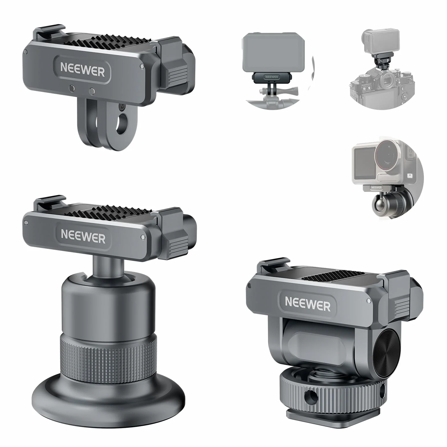 NEEWER Kit di Accessori Action Camera Compatibile con DJI Osmo Action 5 Pro/4/3, Attacco Cold Shoe, Supporto Magnetico a Sgancio Rapido e Adattatore a Testa Sfera, AC011+AC012+AC013, Grigio Scuro