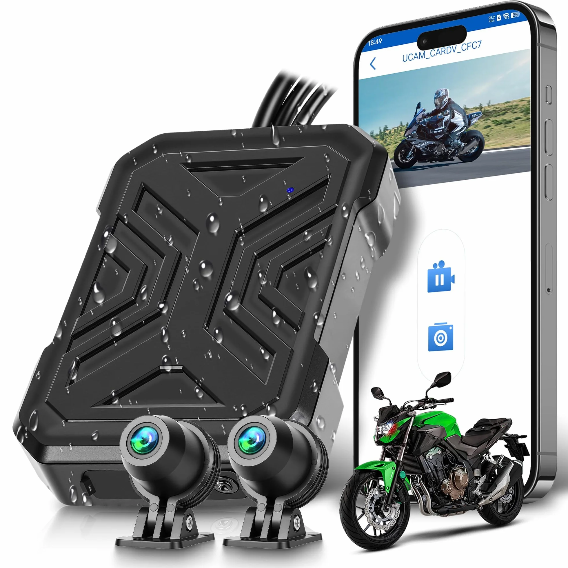 Rimoody Dashcam Moto 1080P Miniaturizzata - Telecamera Anteriore/Posteriore con Rilevamento Collisioni, Registrazione a Ciclo, Modalità Parcheggio, WiFi, per Motocicletta