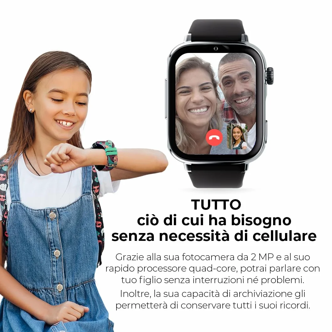 SaveFamily SaveWatch Plus 2 | Smartwatch per Bambini con Localizzatore GPS, Chiamate, Video, WhatsApp, Spotify, App Store - Quadrante Nero e Cinturino in Silicone Nero