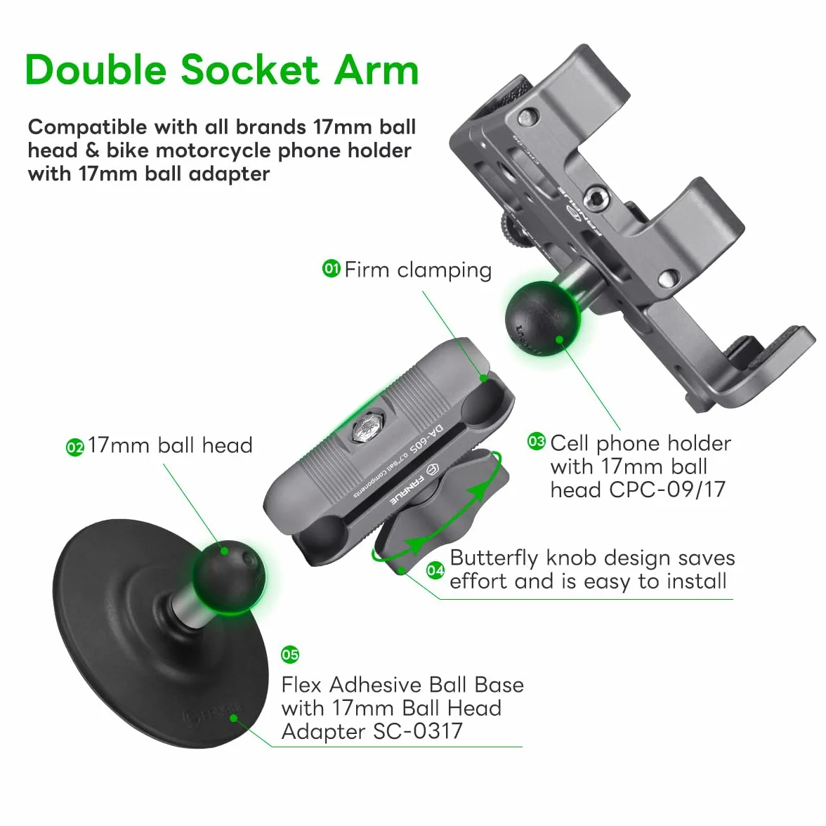 FANAUE Braccio a doppia presa compatibile con sfera da 17 mm, lega di alluminio, compatibile con supporto GPS Garmin e supporto per telefono per bici e moto
