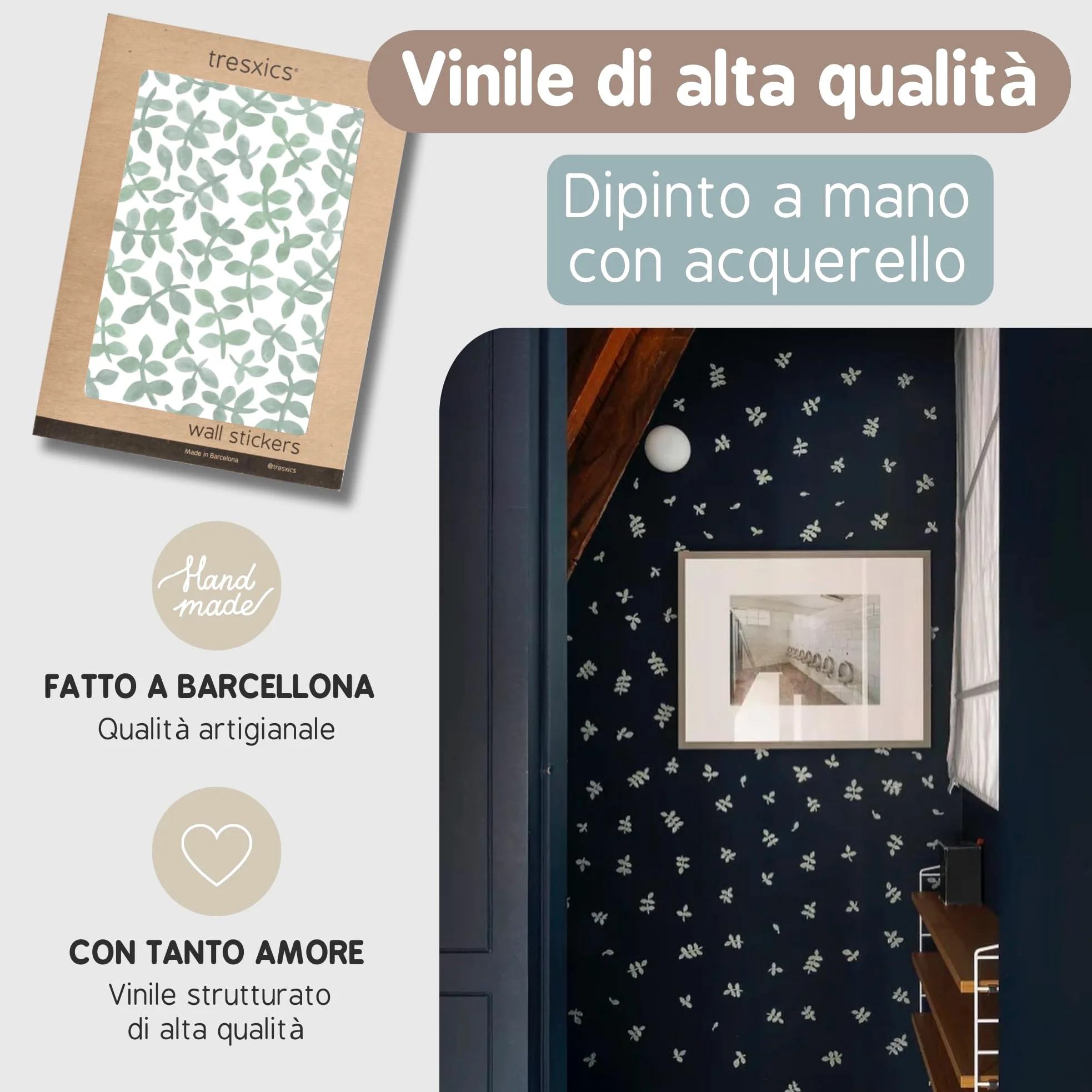 Adesivi Murali Bambini | Adesivi Cameretta Bambino Bimba Foglie Acquerello | Effetto Carta da Parati Adesiva | Copre 6 m² | 160 pezzi | TRESXICS (Verde)