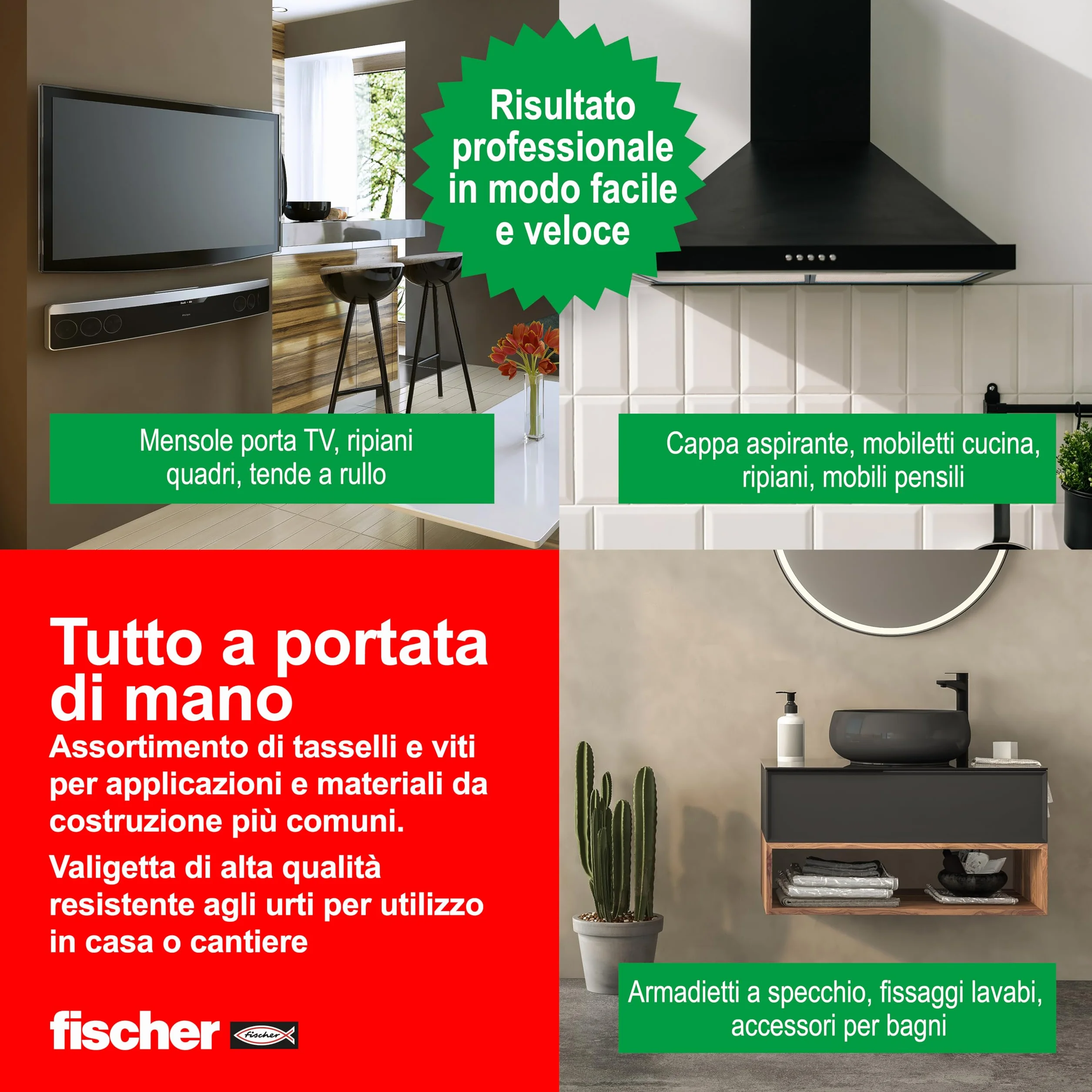 Fischer PowerBox 180 Tasselli DuoPower con Viti e Ganci, 360 Pz, per Muro Pieno, Forato e Cartongesso