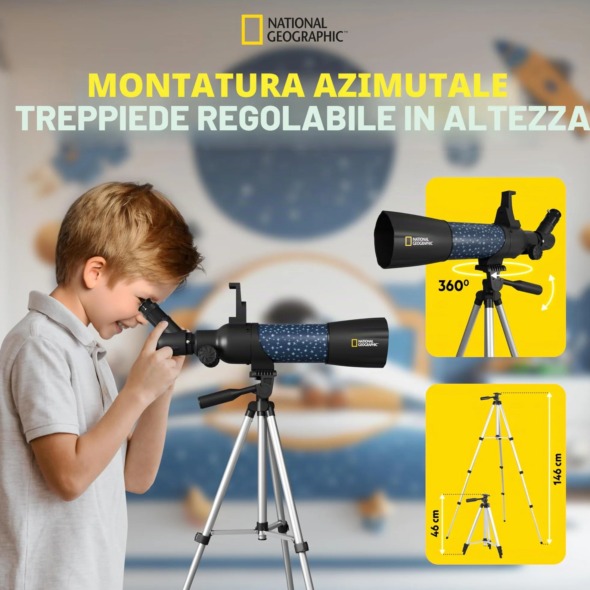National Geographic smartes AR - Telescopio per bambini con treppiede, zaino, supporto per smartphone e app di realtà aumentata