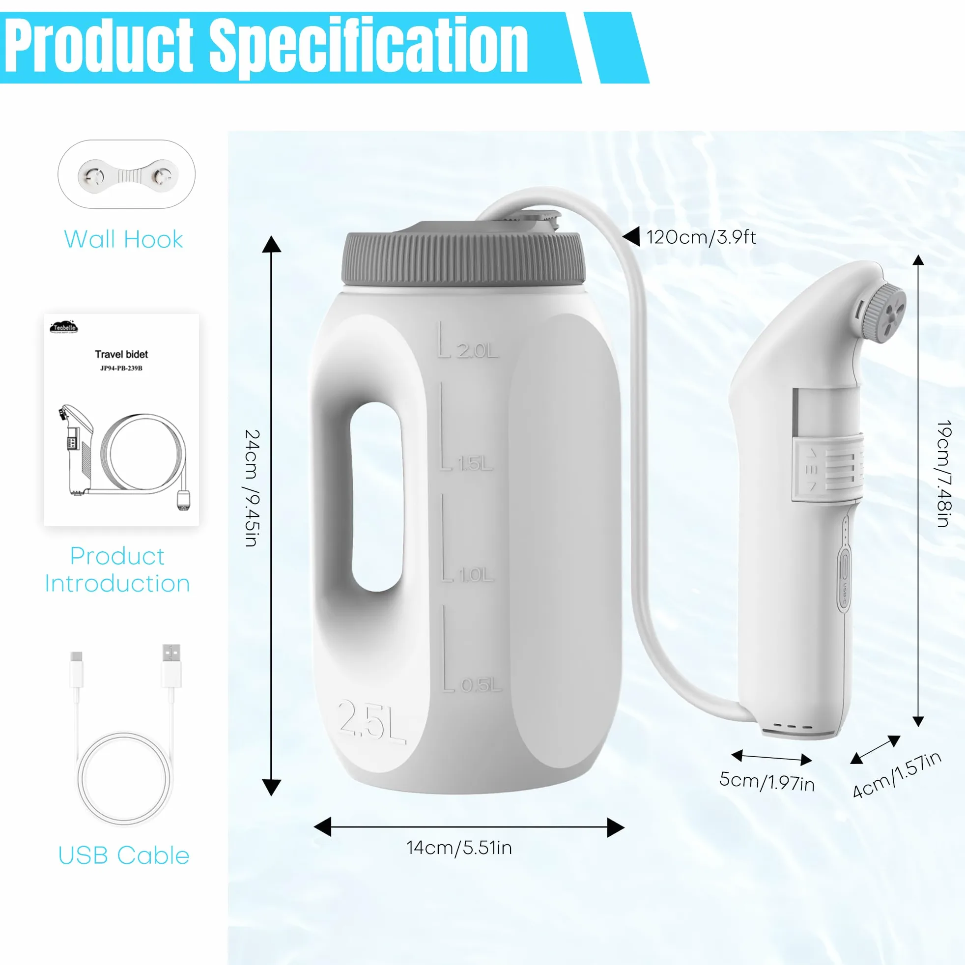 Spruzzatore portatile per Bidet per bagno, Bidet portatile elettrico da viaggio, Igiene delle parti intime con serbatoio 2,5 l per auto, bagno, WC, campeggio, nero