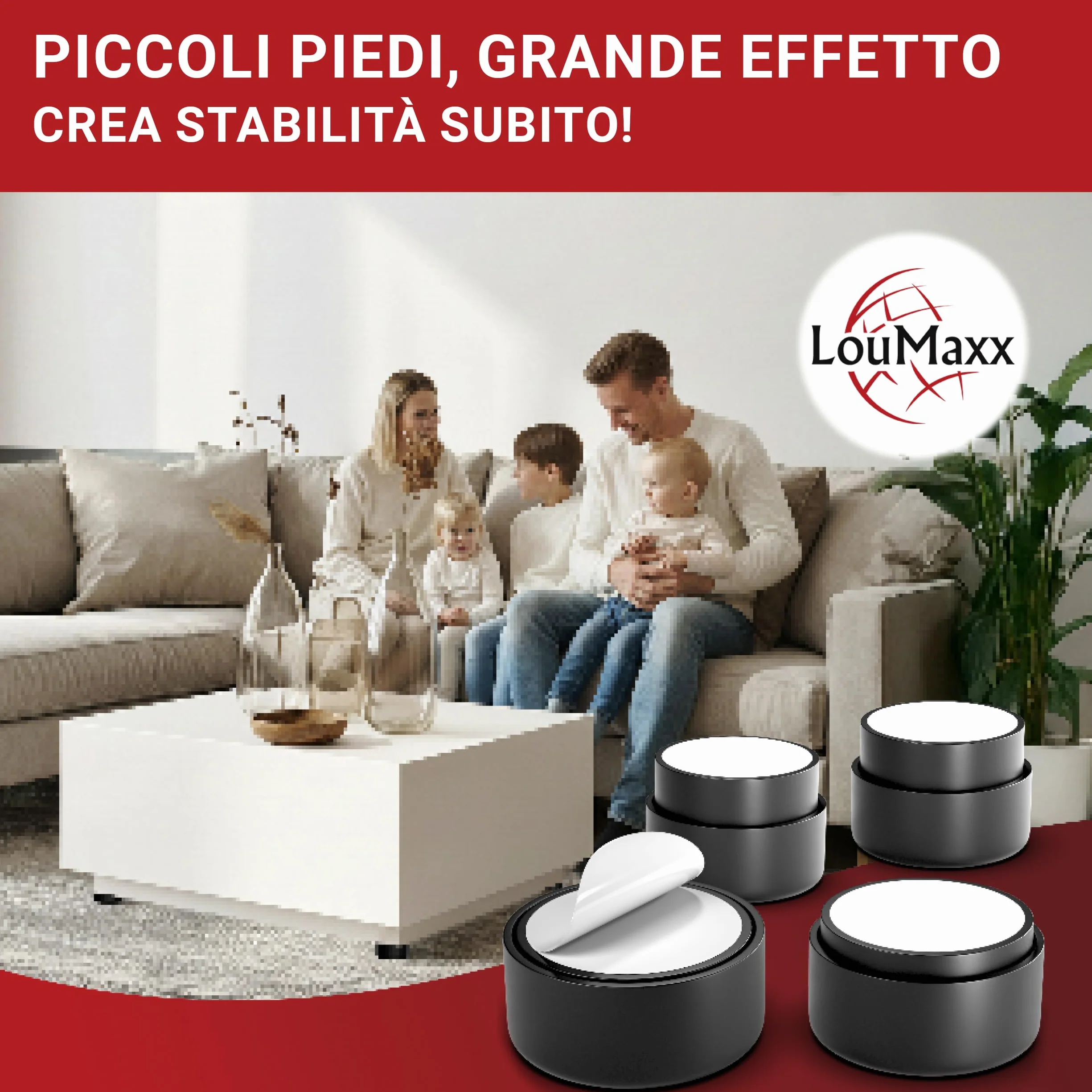LouMaxx Piedini per Mobili Adesivi Regolabili Ø 53,5 mm – Set da 4