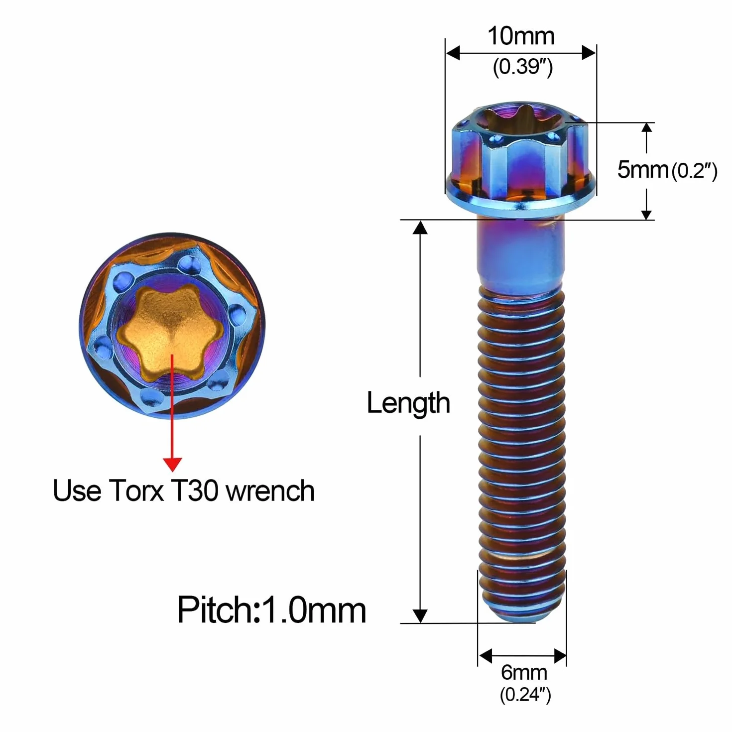 Wkręty hamulcowe moto M6x15-30mm Torx T30 flangiowe tytanowe 4 szt.