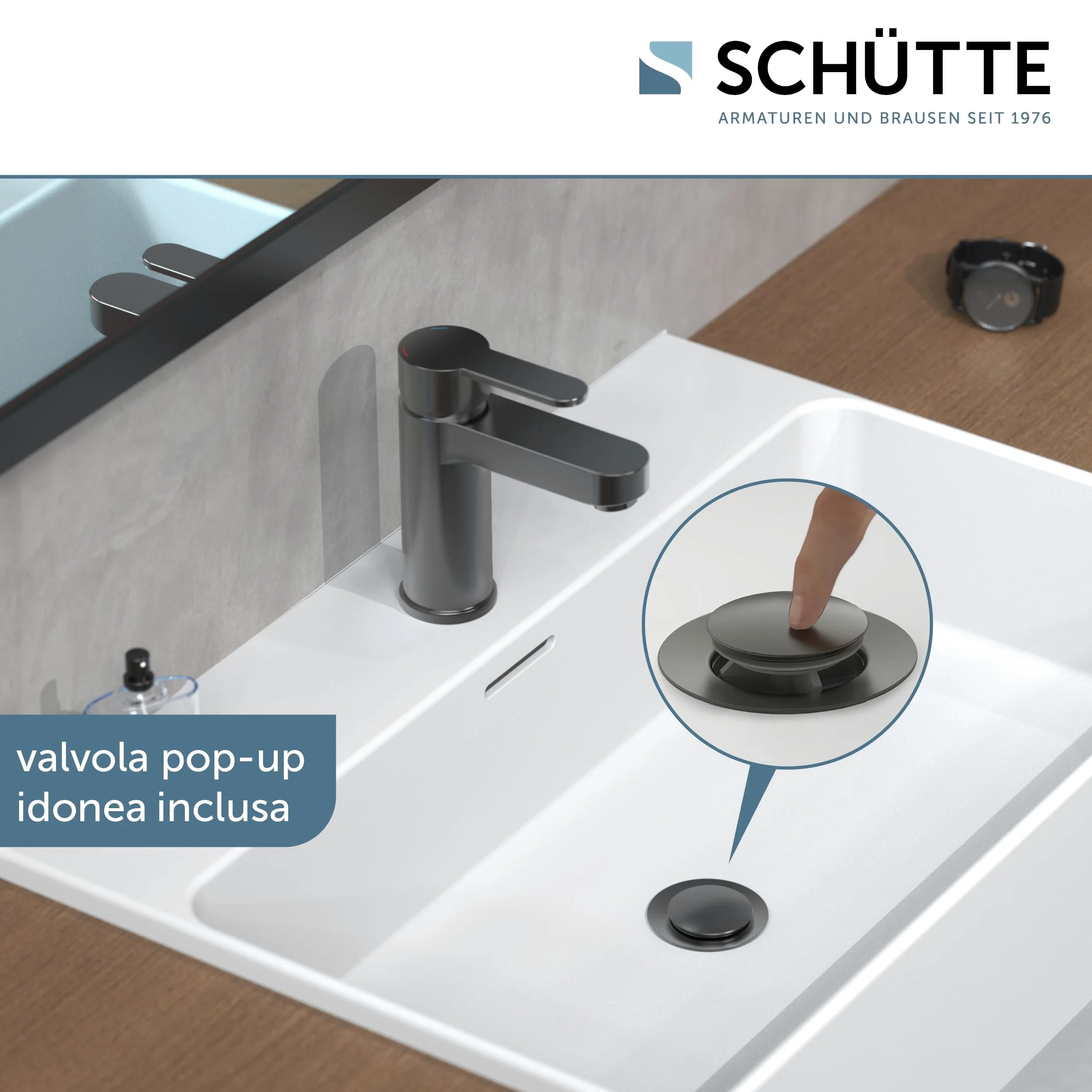 Miscelatore per lavabo Schütte Elephant, elegante miscelatore con rubinetto di scarico per bagno, rubinetto per bagno con scarico a scomparsa, rubinetto per lavabo, grafite opaca, 34212