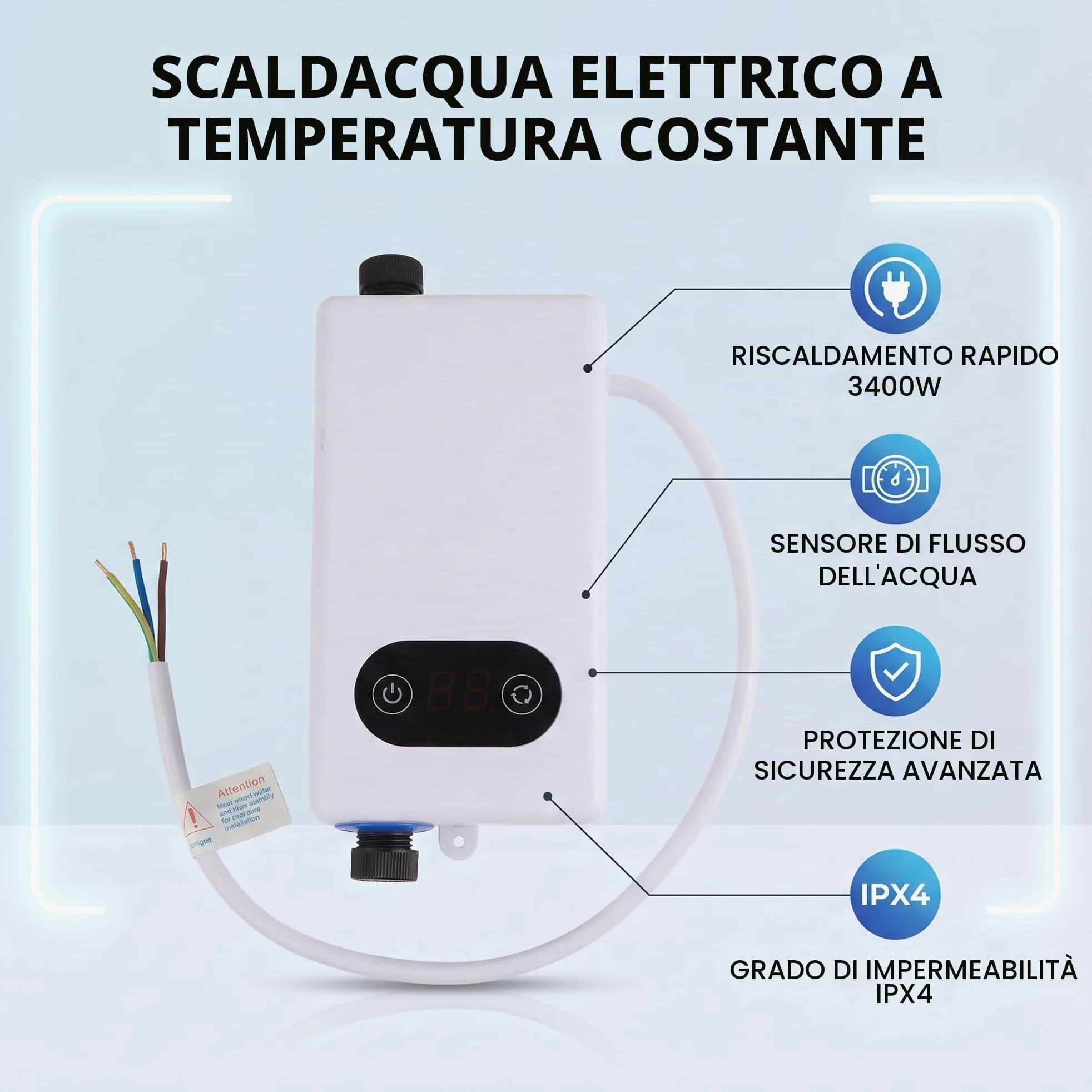 Scaldabagno Elettrico Senza Serbatoio, Scaldabagno Elettrico Istantaneo a Risparmio Energetico Sicuro in Acciaio Inossidabile per Bagno