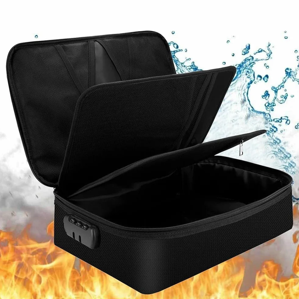 Borsa portadocumenti ignifuga, resistente al fuoco, sicura per oggetti di valore, organizer impermeabile in fibra di vetro con strato di blocco del segnale, grande capacità, nero, 30,5 x 21 cm