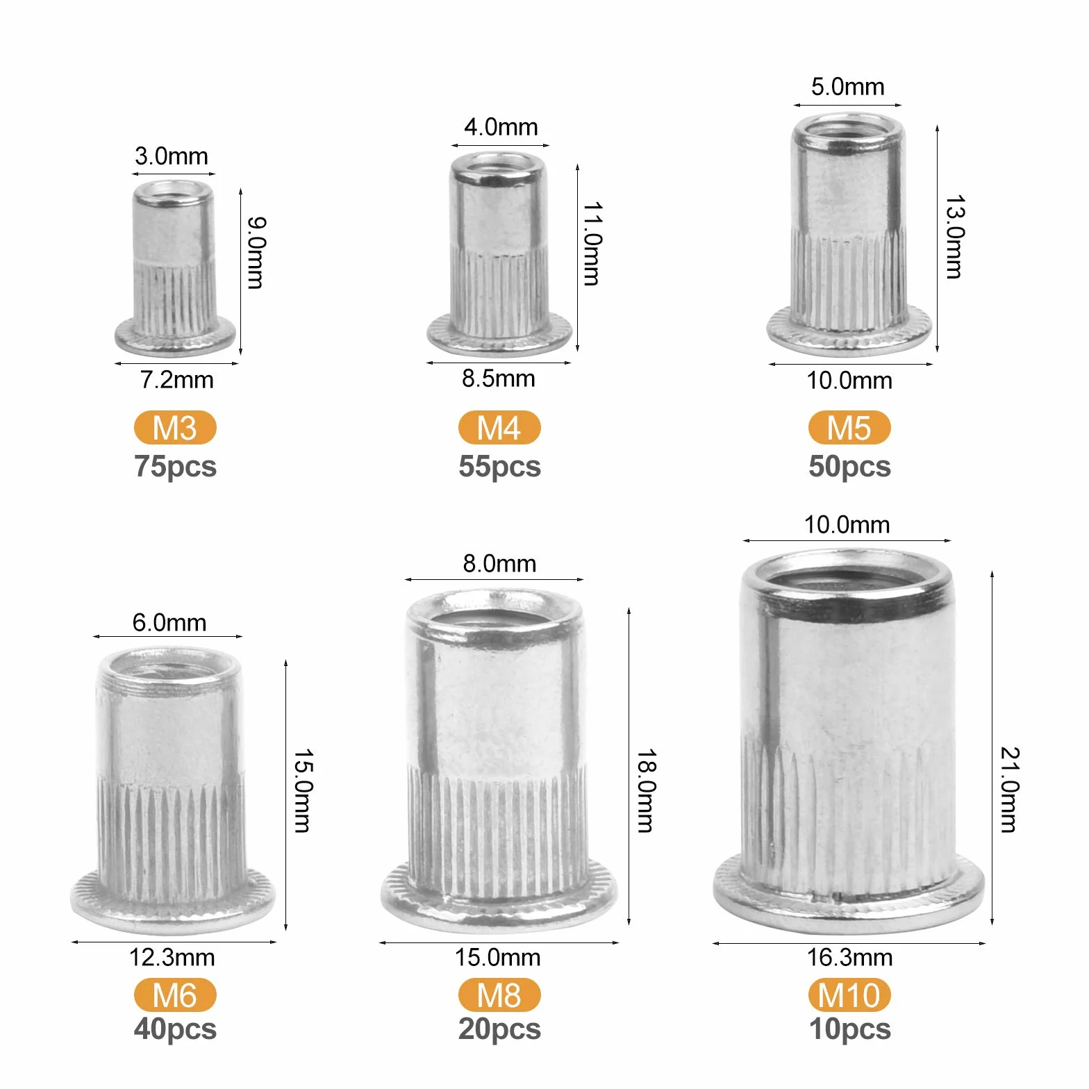VIGRUE 250 dadi rivetti assortiti, M3-M10, A2-70, acciaio inox, testa piatta, Rivet Nutsert