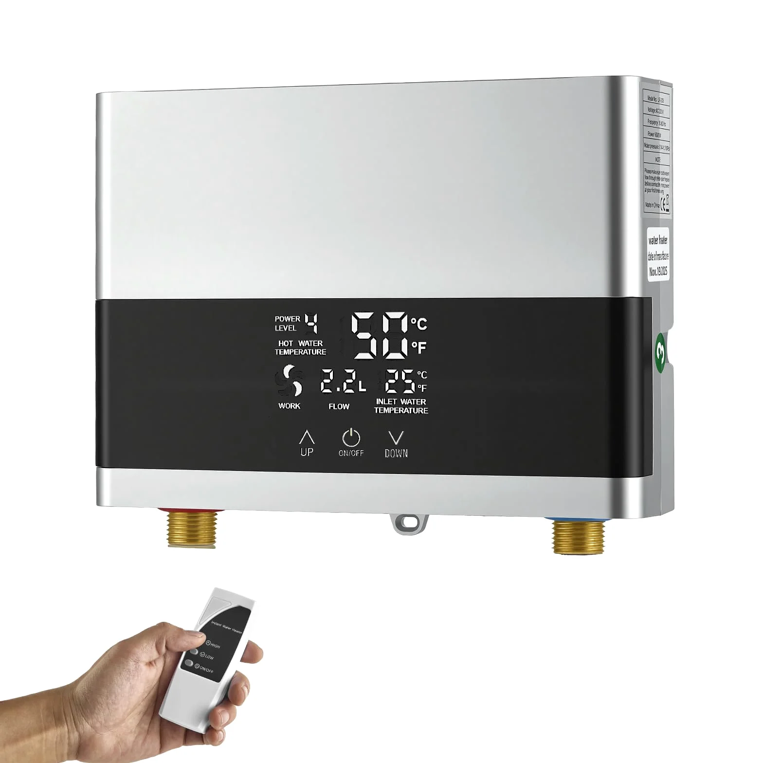 Scaldacqua istantanea da 6000 W, 230 V, con telecomando e display a LED, mini scaldabagno elettrico per doccia e cucina, con soffione doccia, protezione IPX4 per bagno e giardino (argento)