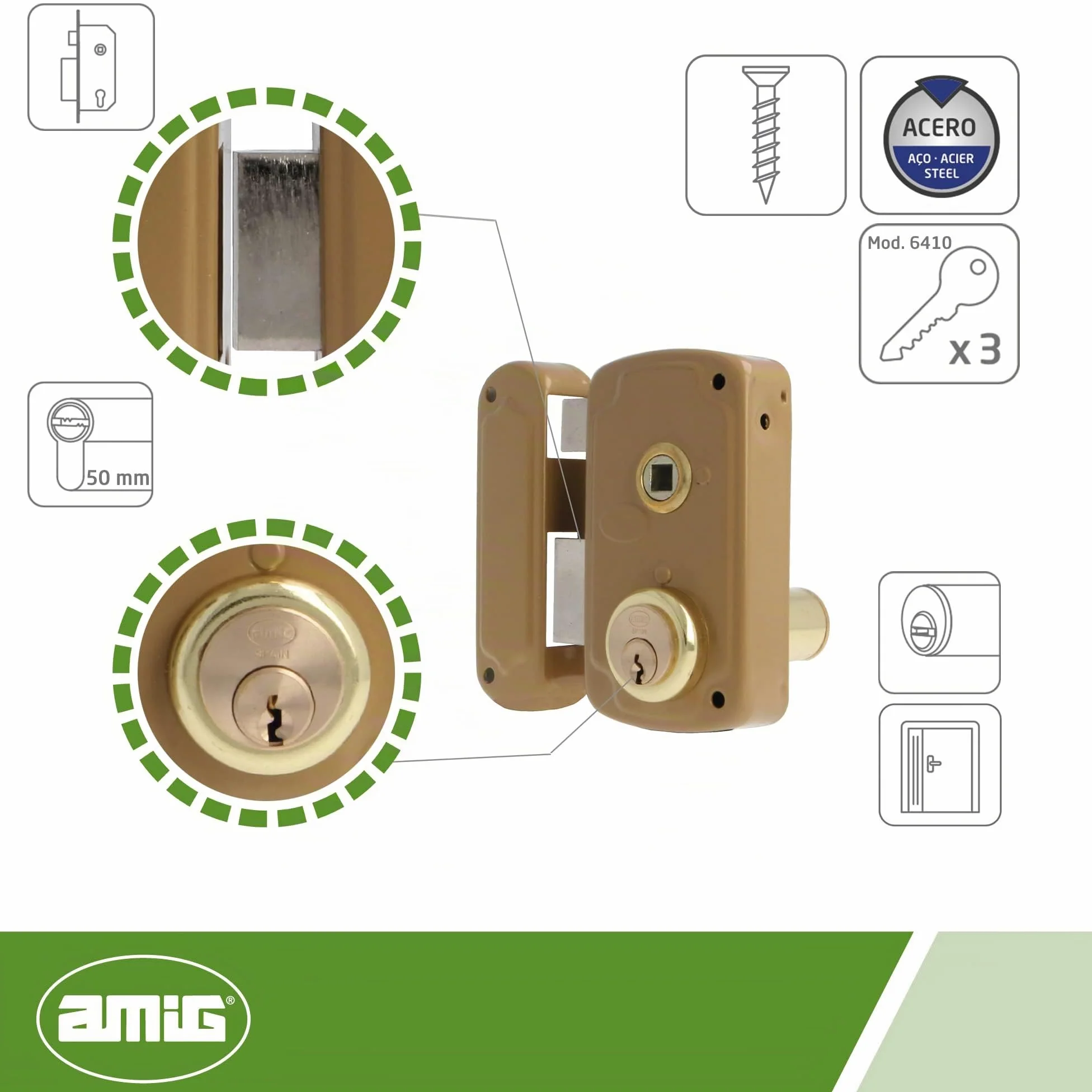 Amig - Serratura da sovrapposizione a sinistra con leva di chiusura, linguetta e maniglia per porte in legno mod. 75UN 66 x 120 mm Cilindro rotondo di sicurezza in acciaio dorato