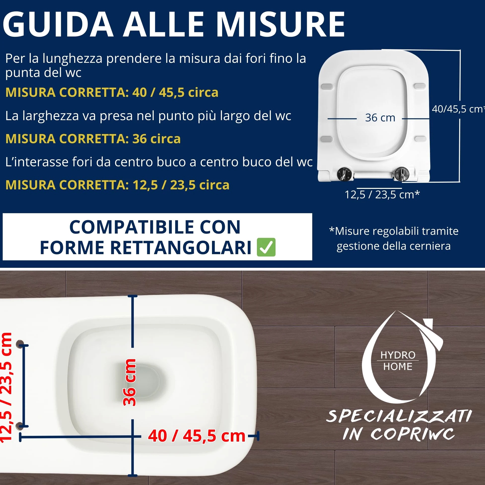 HYDRO HOME Copriwater Forma Rettangolare Super Sottile Slim Chiusura Ammortizzata e Sgancio Rapido Compatibile con vari modelli, Plastica Termoindurente Cerniere Regolabili fissaggio dall'alto Bianco