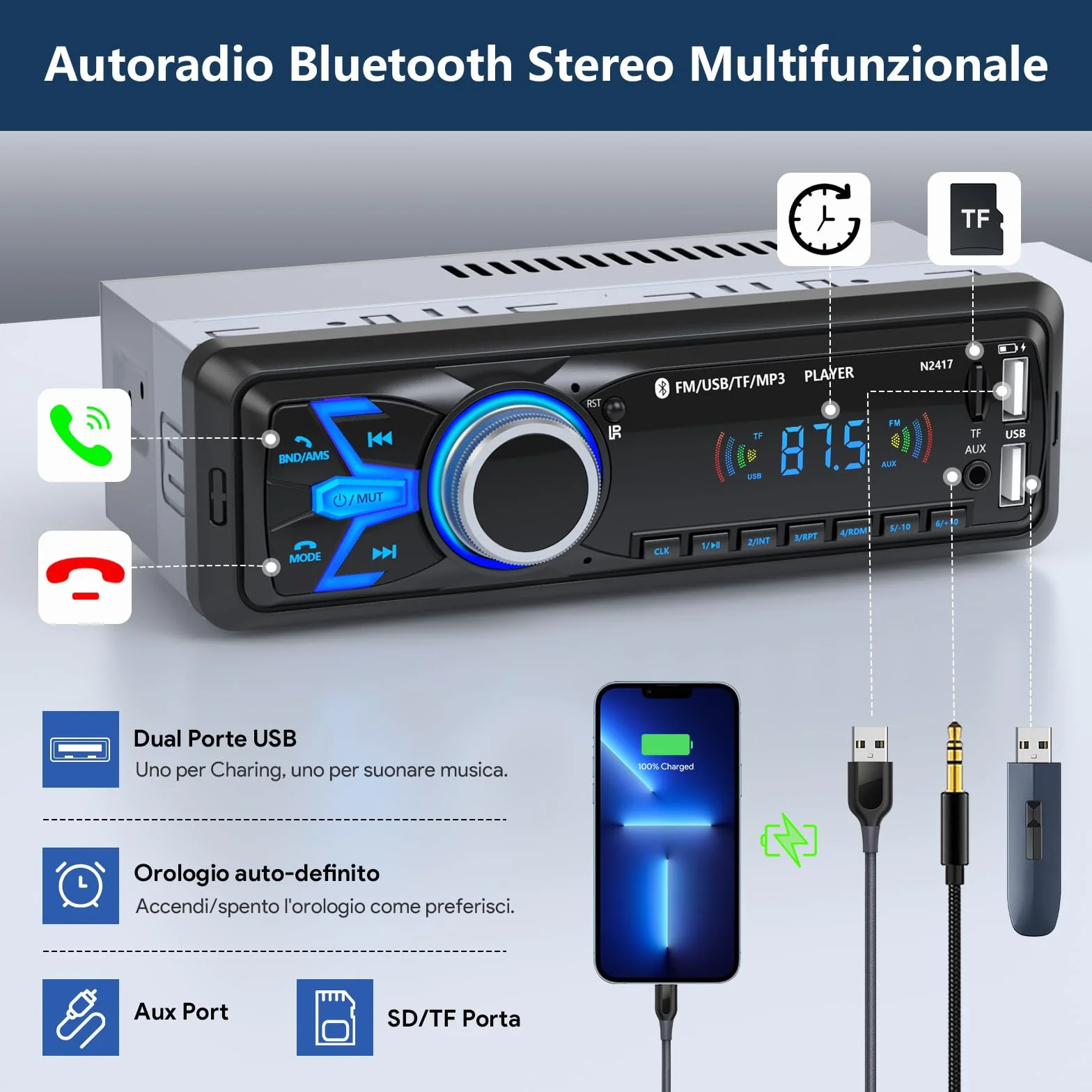 Autoradio Bluetooth,Wistrue Stereo Auto Bluetooth Autoradio 1 DIN FM Radio Auto Lettore MP3 Supporta 2 USB/Ricarica rapida/SD/AUX/Telecomando/supporto iOS/Android