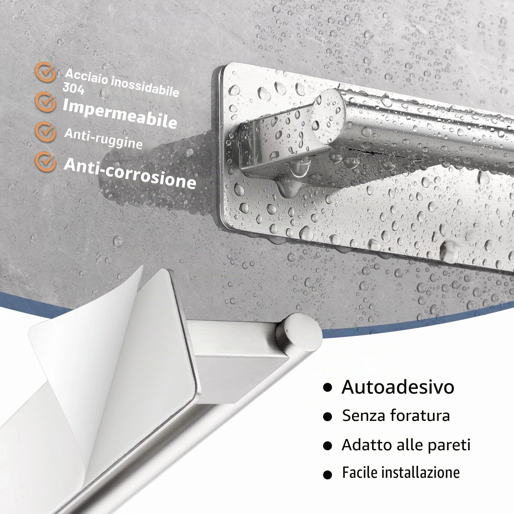 Porta Asciugamani Bagno Adesivo Acciaio Inossidabile 304 28CM Argento