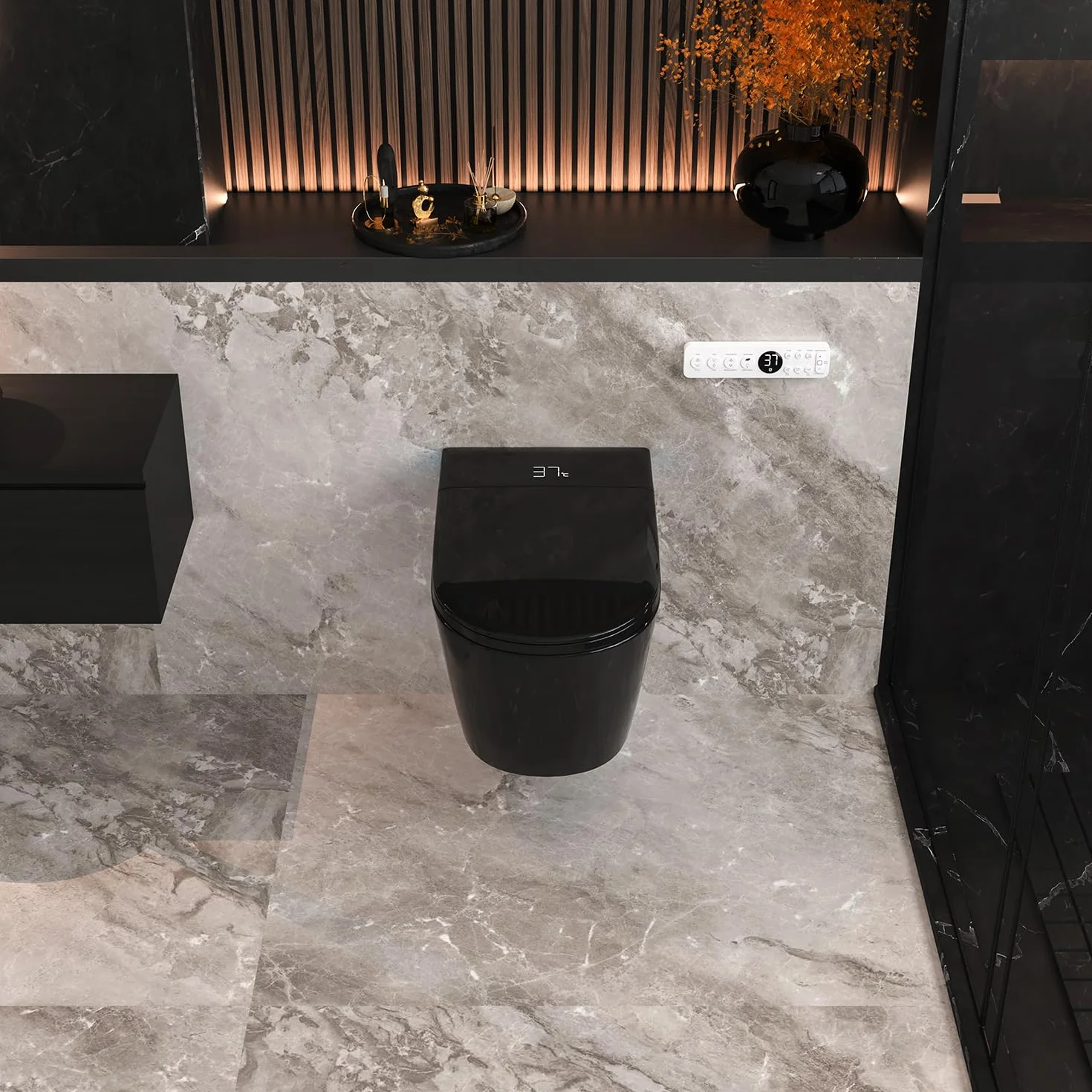 Smart WC nero da appendere alla parete, scarico automatico, coperchio con apertura e chiusura automatica, sedile riscaldato, acqua calda/asciugatrice, moderno bidet allungato con supporto a