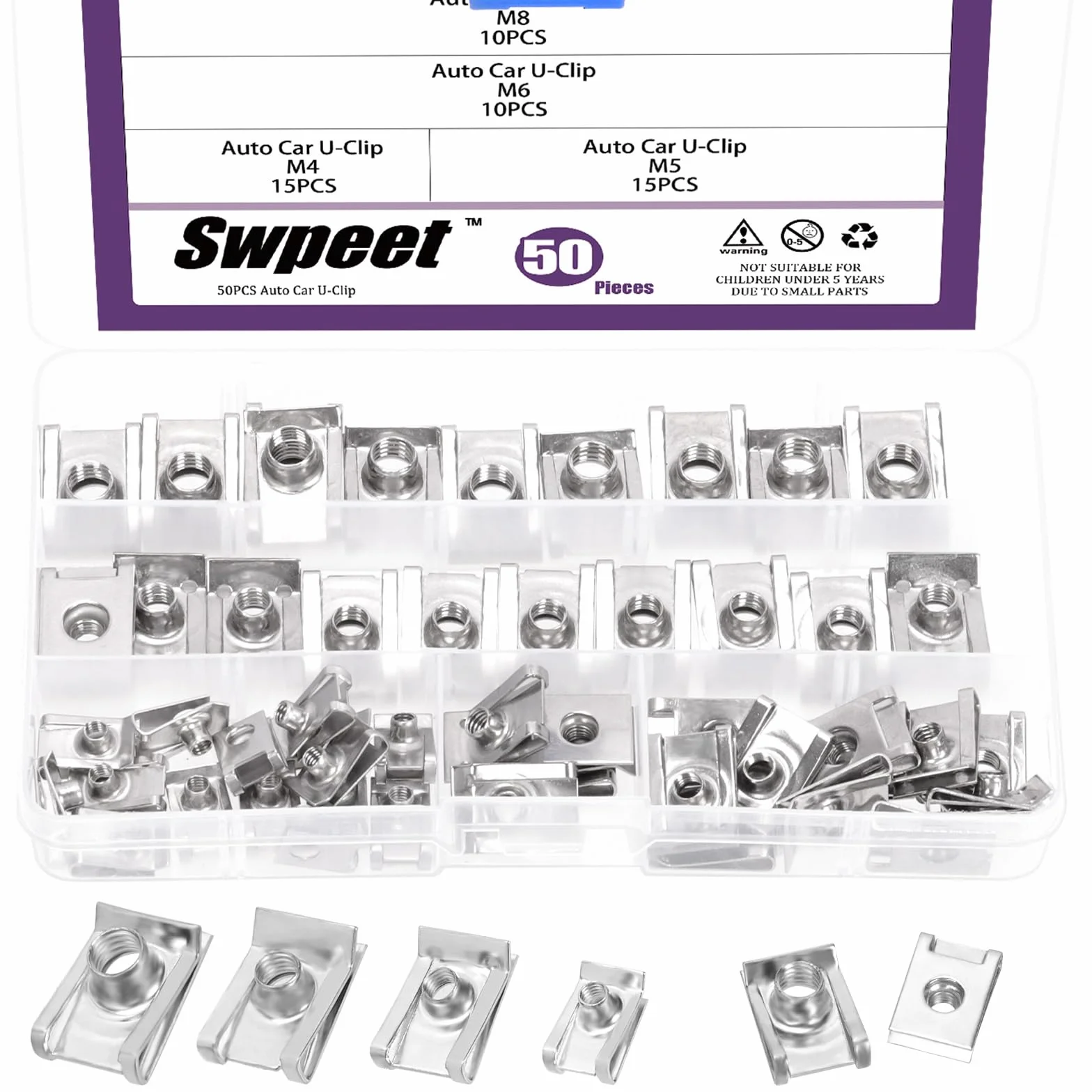 Swpeet Kit assortito 50 clip a U per auto acciaio inox 304 M4 M5 M6 M8 dadi fissaggio pannelli interni cruscotto