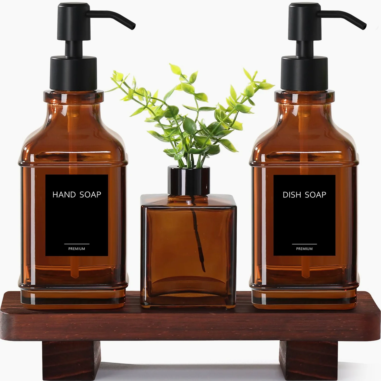 Moderno set di dispenser di sapone da cucina con vassoio in legno, dispenser di sapone in vetro ambrato con pompa, set di dispenser di sapone decorativo per mani e piatti, dispenser di sapone e