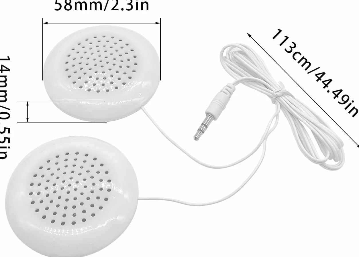Flylin Altoparlante per Cuscino, Doppio Mini Altoparlante Stereo Migliorato, Bianco Rotondo, Cavo 3.5mm, Compatibile con Telefono, MP3 e CD, per Dormire e Rilassarsi