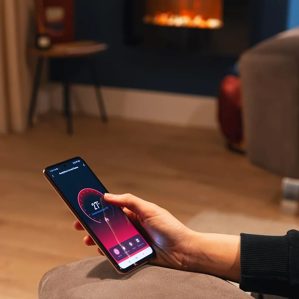 Cecotec Camino Elettrico Decorativo 35” con Telecomando e Wifi ReadyWarm 3560 Curved Flames Connected. Massima Potenza 2000W, 2 Intensità, Pannello Curvo Cristallo Temperato, Fiamma Regolabile, Timer