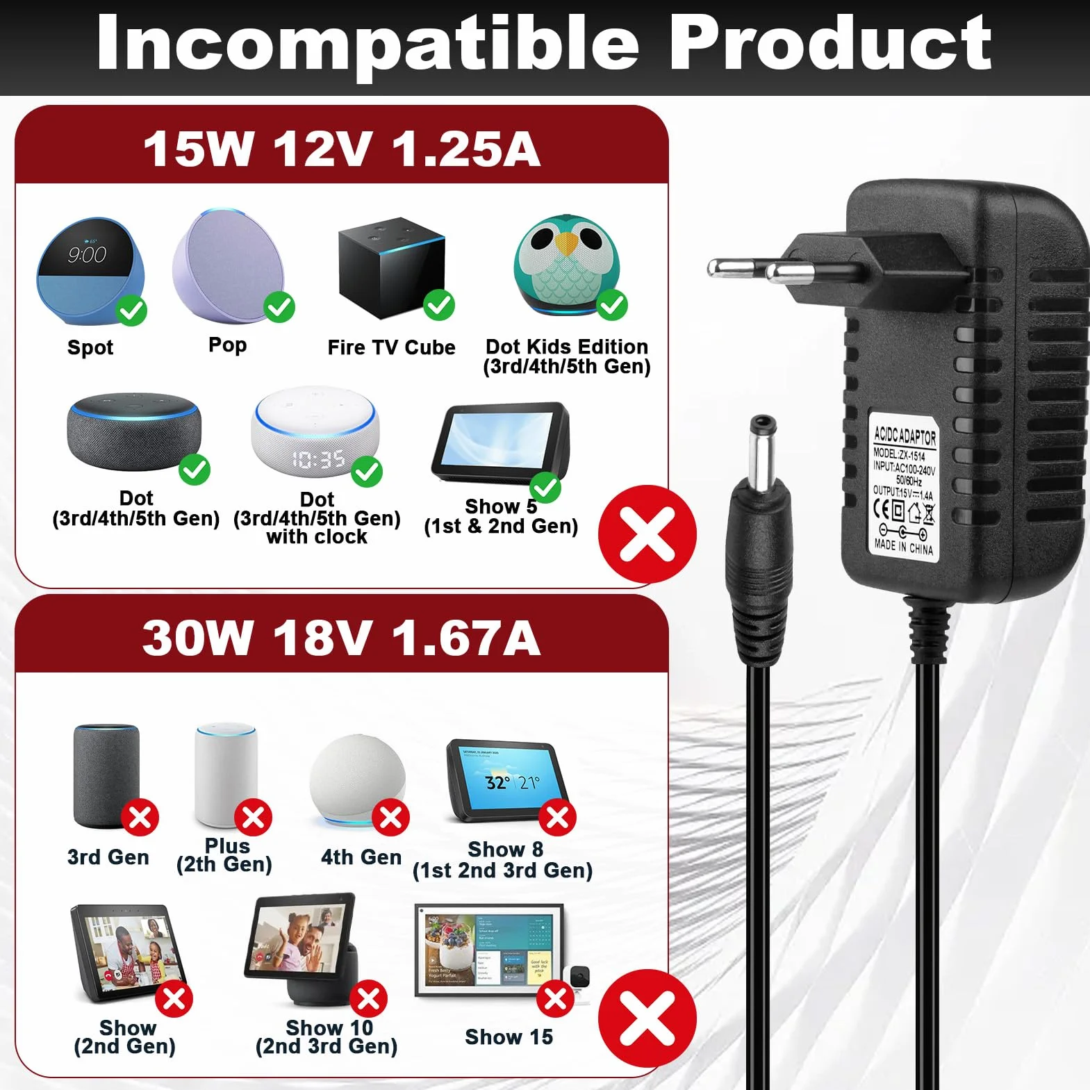 21 W 15 V 1,4 A Alimentatore per Alexa Echo