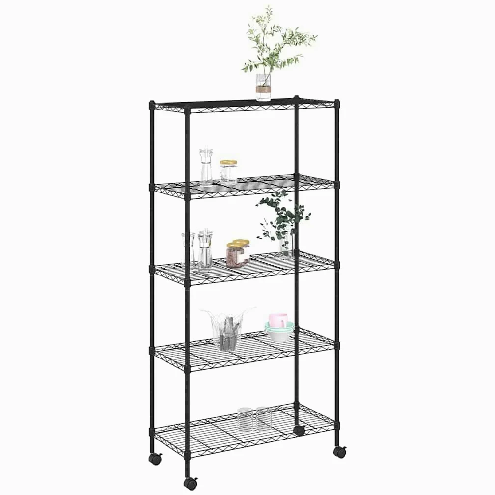 Scaffale in ferro nero con ripiani a griglia e 4 ruote, versatile per cucina, bagno, ufficio, cantina o officina