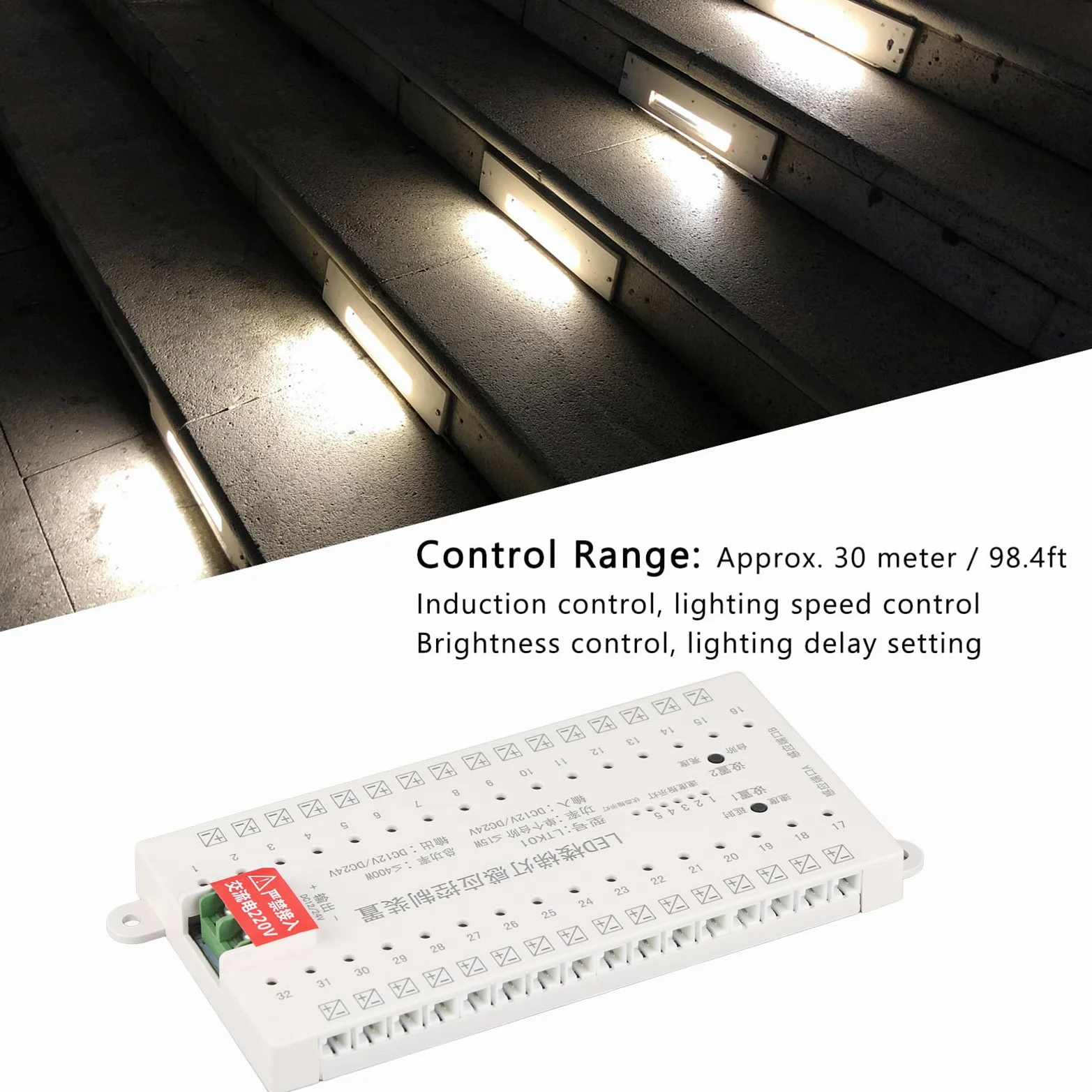 Asixxsix Luci per Scale con Sensore di Movimento, Raggio di Rilevamento 30M Controller LED Intelligente a 32 Porte, Controller LED 24V con Doppie Teste Sensore per Illuminazione Scale di Centri