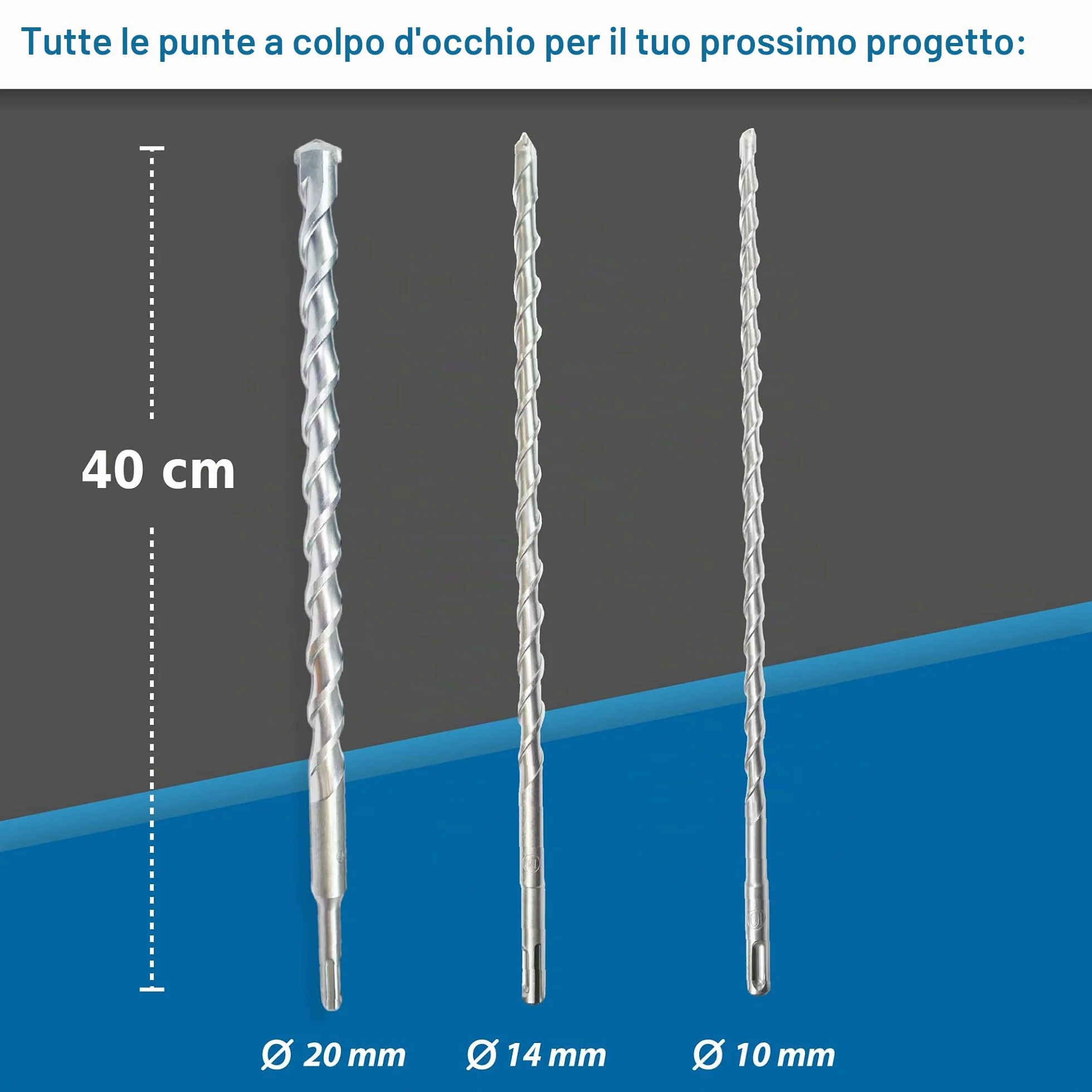 SDS Plus Set 3 Punte Trapano Pietra Ø 10-14-20 mm x 40 cm Muratura Calcestruzzo Metallo Duro