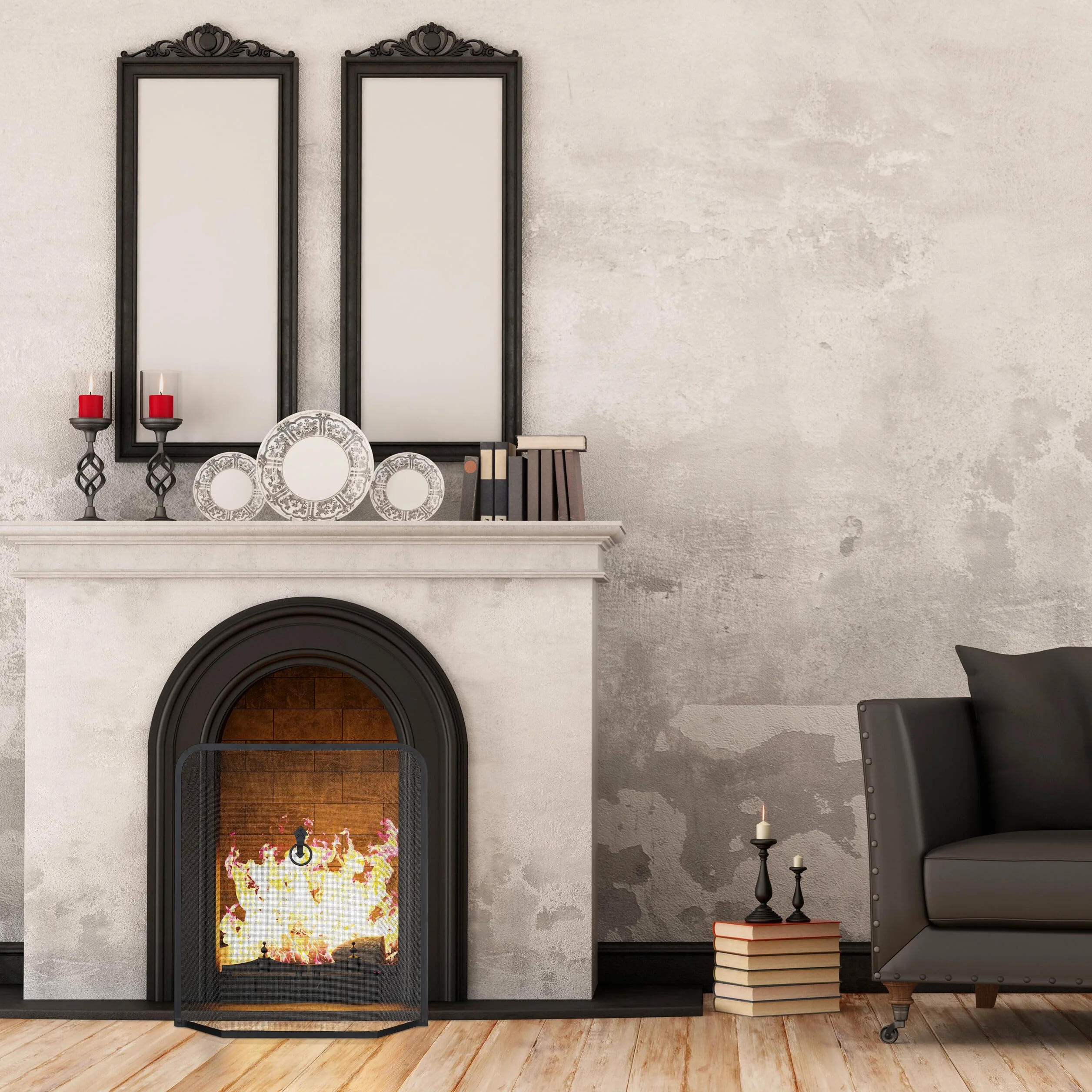 Relaxdays Griglia Parascintille, Protezione per Camino, Stufa Caminetto, H x L: 61 x 54 cm, in Ferro Battuto, Nero
