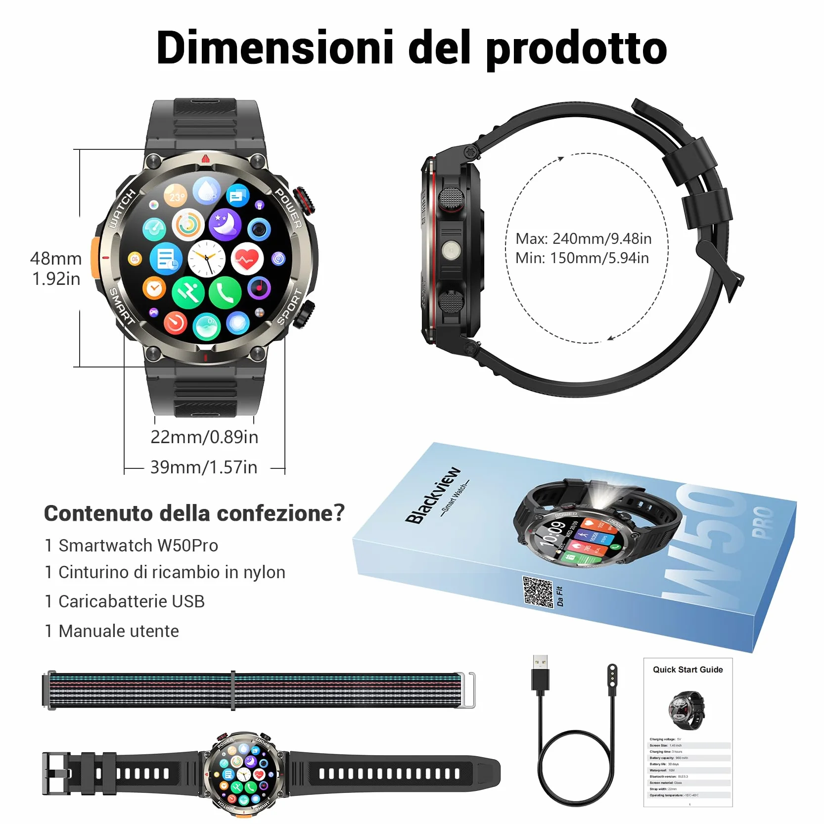 Blackview Smartwatch Uomo, Orologio Intelligente Fitness con Chiamate Bluetooth,1.45" Militari Smart Watch Tracker 100+ Modalità Sportive per Cardiofrequenzimetro,SpO2, Torcia,Bussola per Android iOS